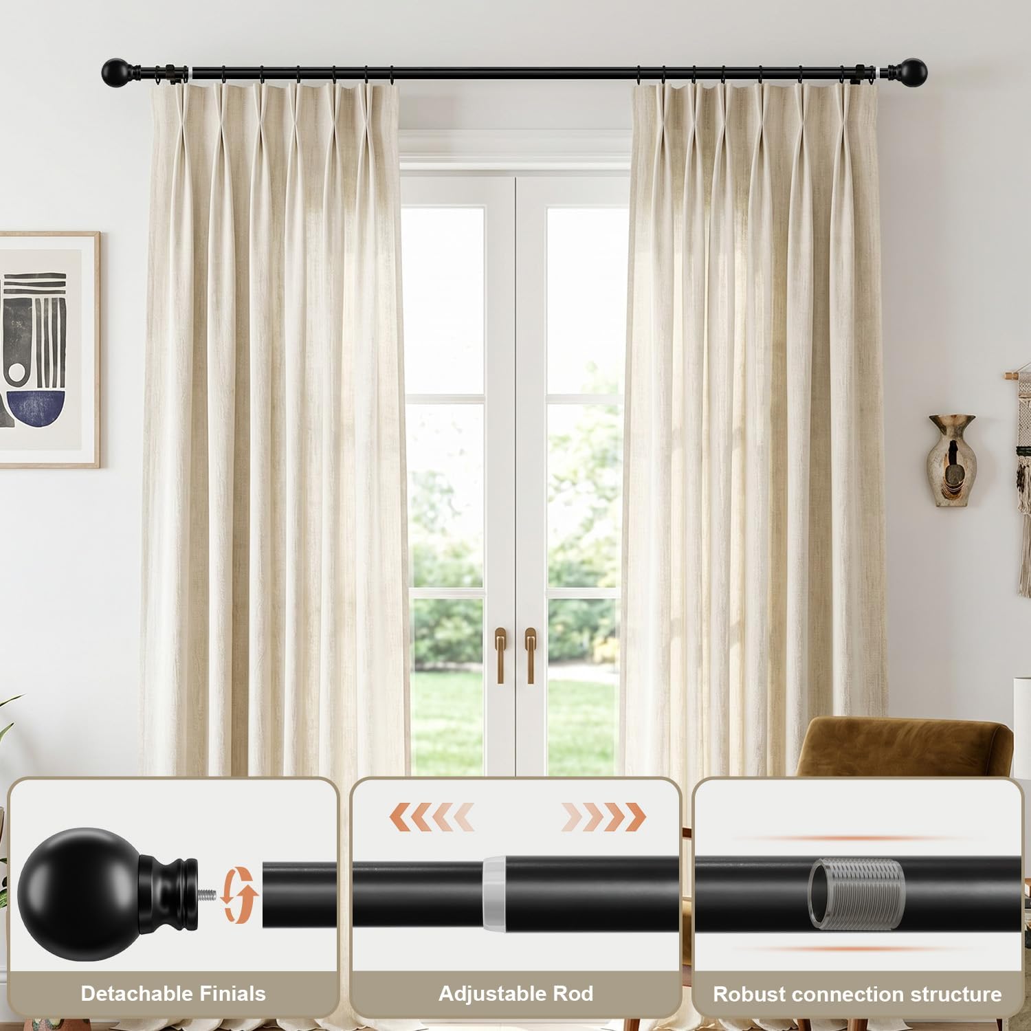 Thumbnail 2 de Immiehh Black Curtain Rods-01, 1-Inch Adjustable Iron Curtain Rod