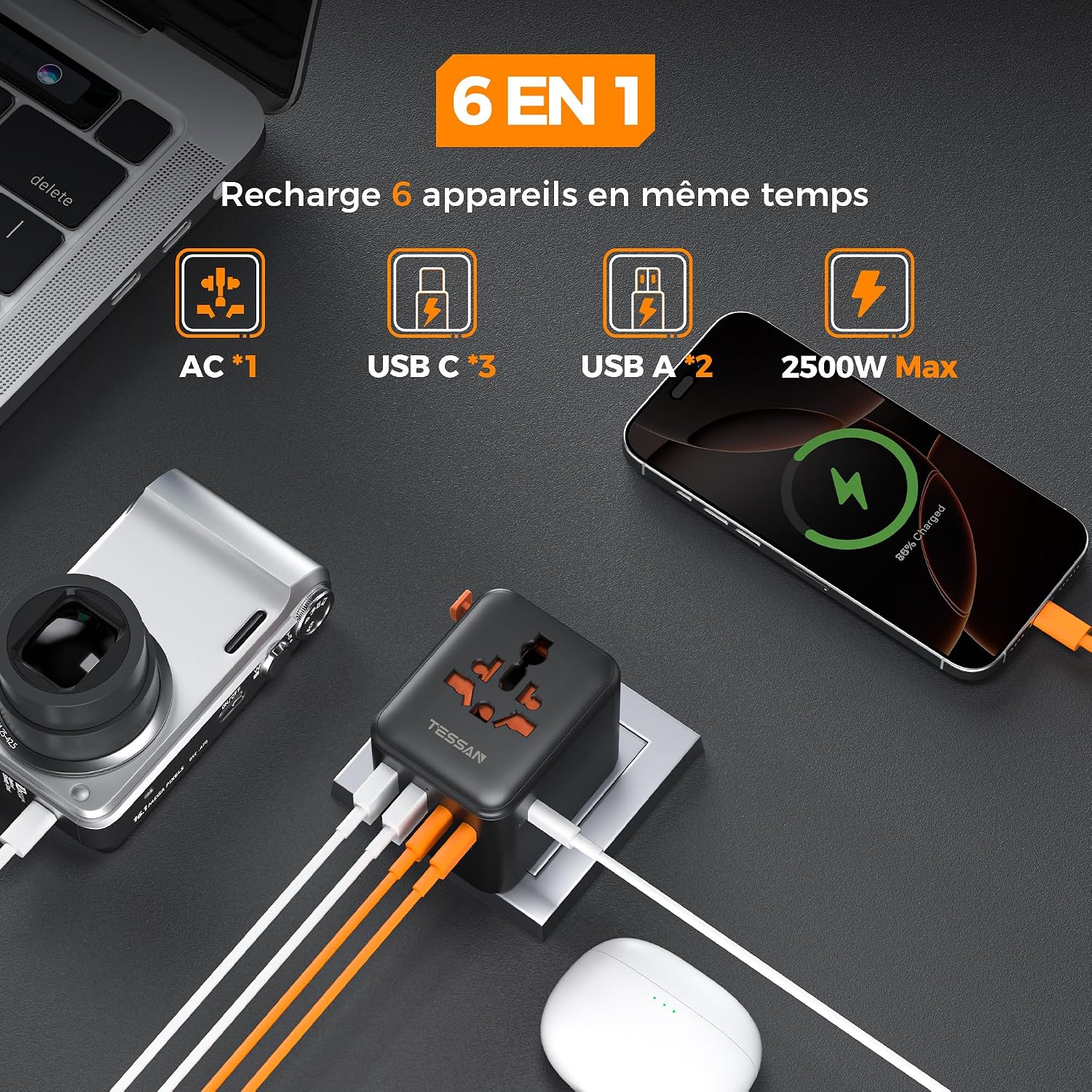 Detalle de TESSAN adaptateur de prise universelle de voyage avec 5 ports USB (3 USB‑C + 2 USB‑A)