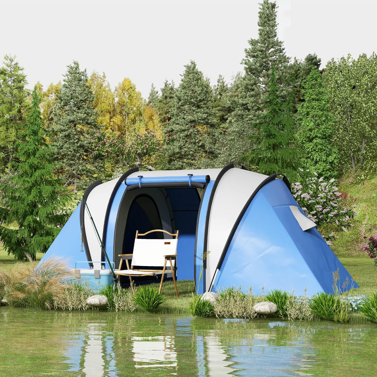 Thumbnail 1 de Outsunny Tente de Camping familiale 4-5 Personnes avec 3 portes et 2 chambres, 3000 mm, montage facile