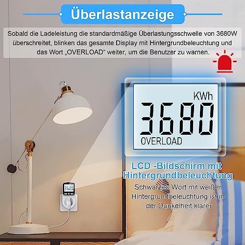 Detalle de MECHEER Stromzähler Steckdose – 8 Modi, Großes LCD, Hintergrundbeleuchtung, Energieverbrauchsmesser