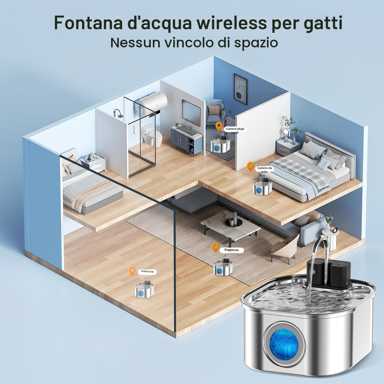 Detalle de NautyPaws 3.2L Fontana per Gatti Senza Fili con Batteria 4200mAh – Aspirazione Silenziosa e Rubinetto Integrato