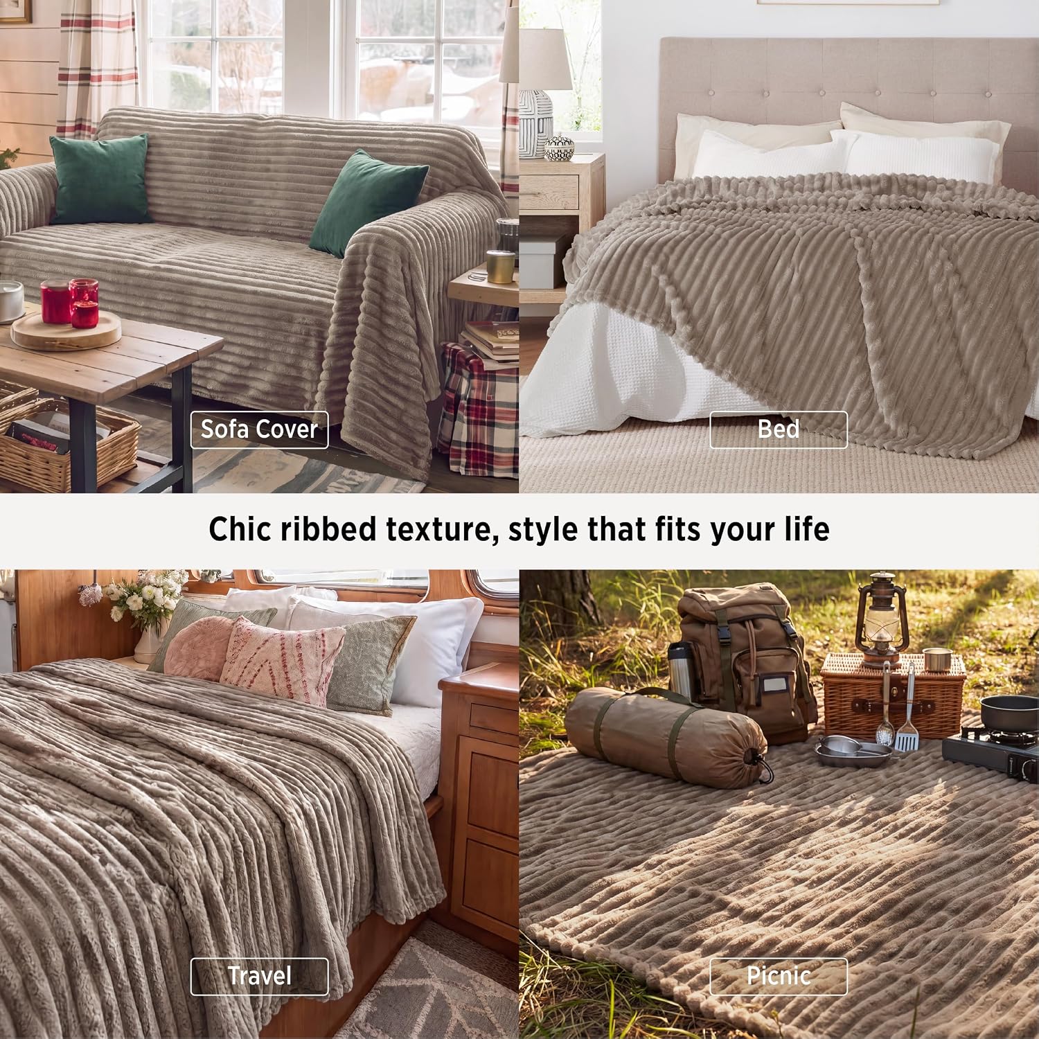 Detalle 2 de Bedsure Blanket-Chunky Corduroy King Size Fleece Blanket, Taupe, 108" x 90