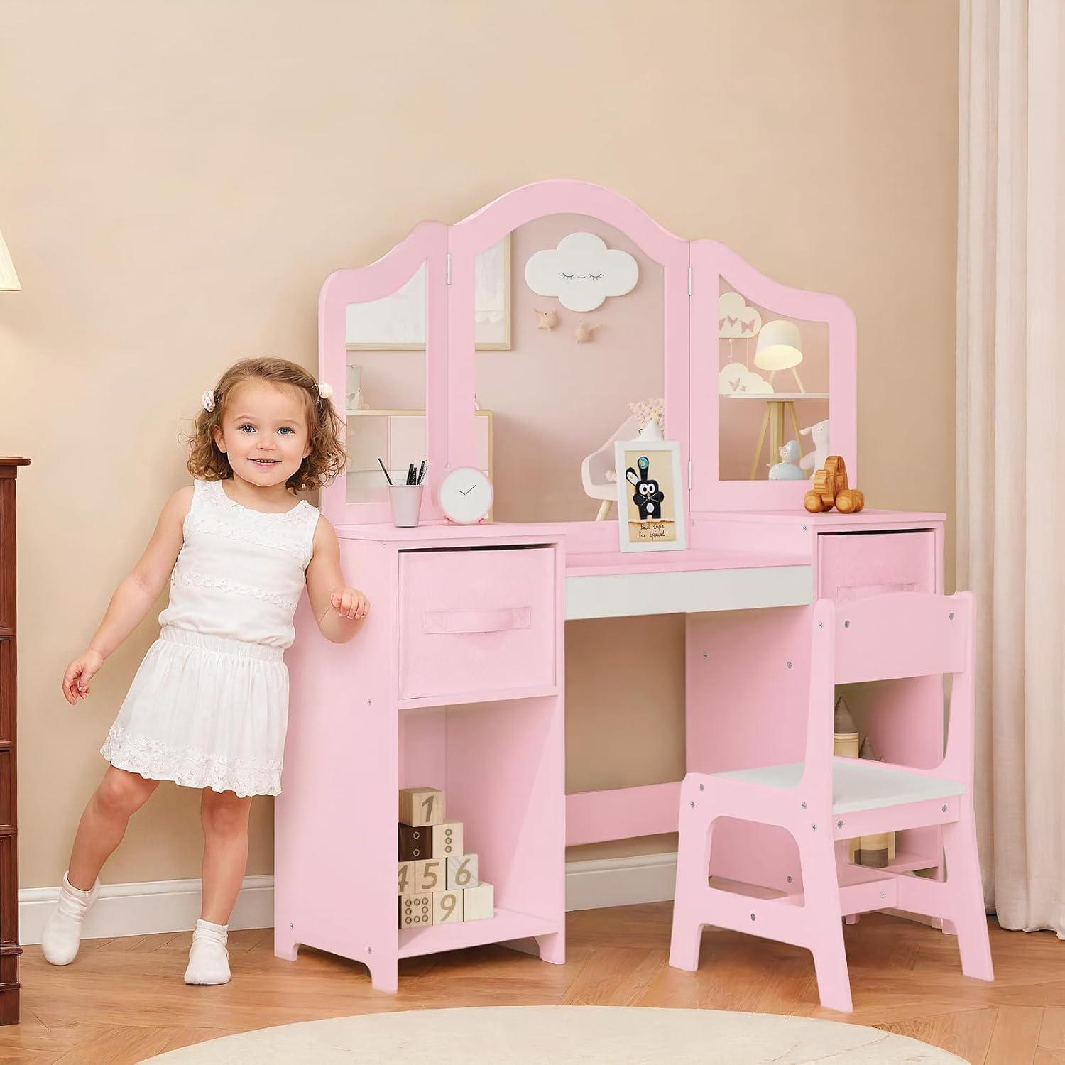 Thumbnail 6 de Clevich Kids Vanity Table and Chair Set — 2-in-1 Pink & White Princess Desk for Girls