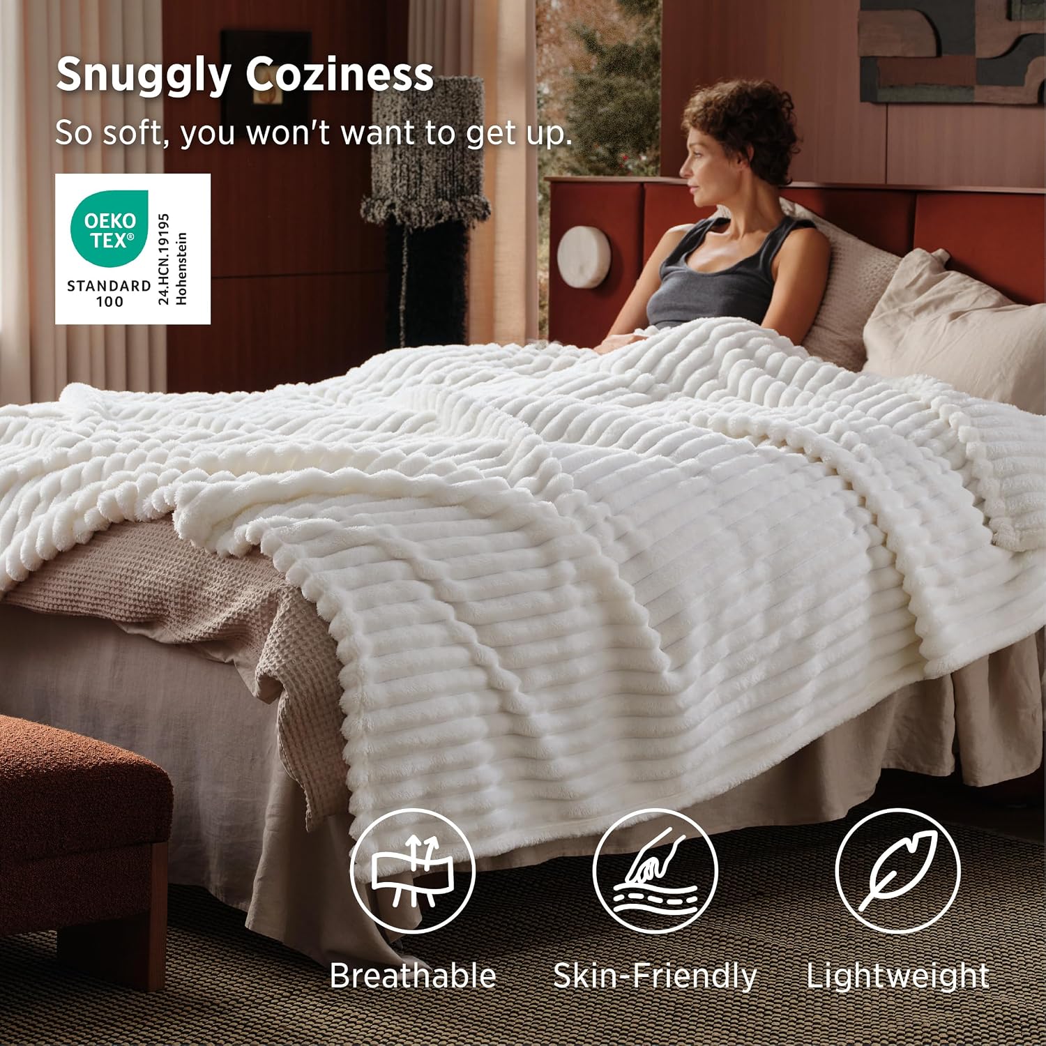 Detalle de Bedsure Blanket-Chunky Corduroy King Throw Blanket, Off-White Polyester Fleece