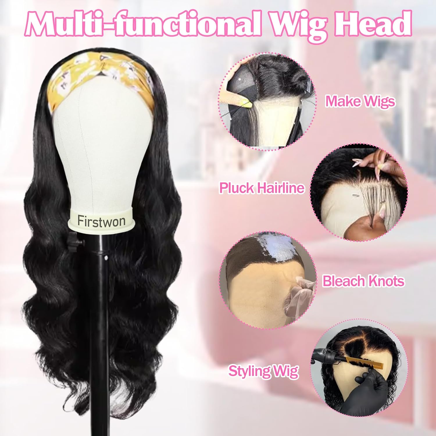 Detalle de Firstwon 22 Inch Wig Head with Tripod Stand — Canvas Mannequin Head for Wigs and Hair Styling Practice