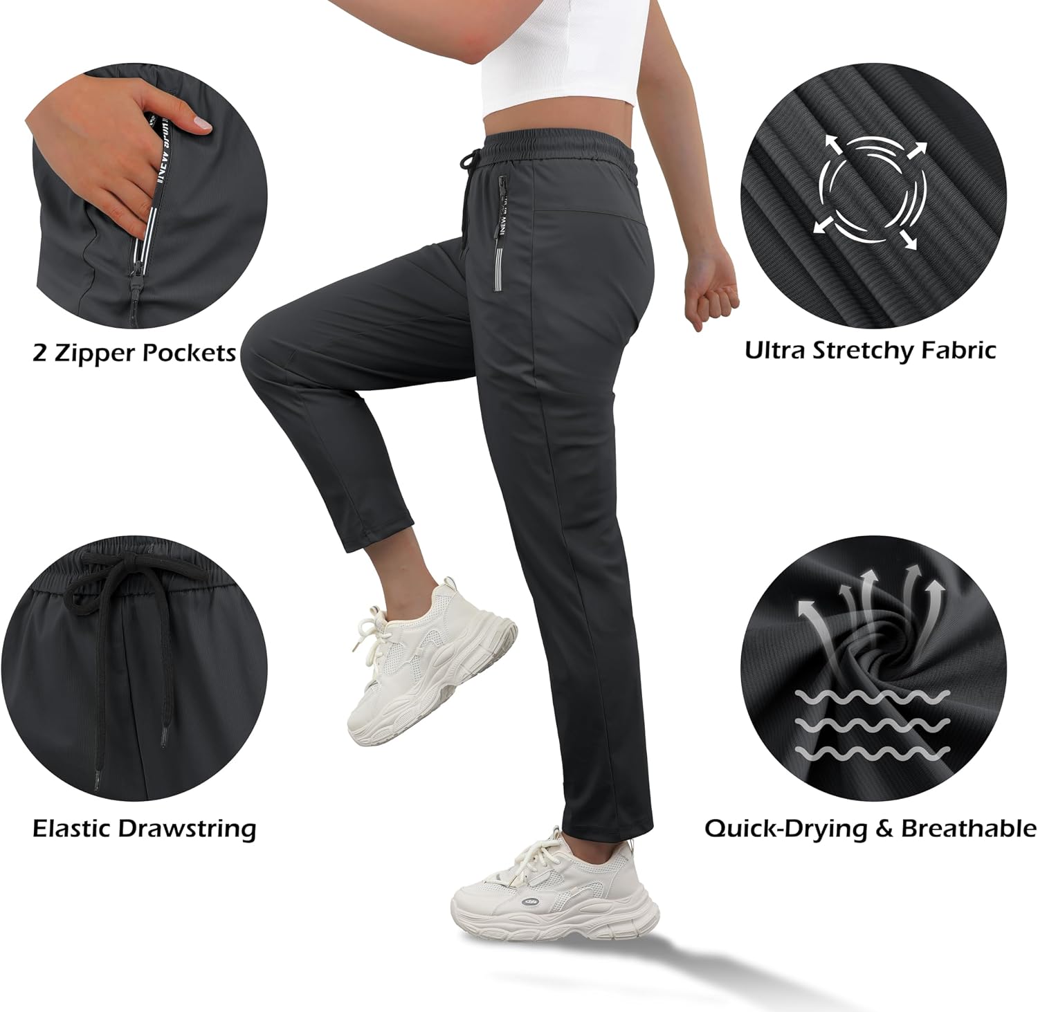 Detalle de IWOLLENCE IW7061 Women's Active Stretch Pants, Quick-Dry Fabric and Zipper Pockets