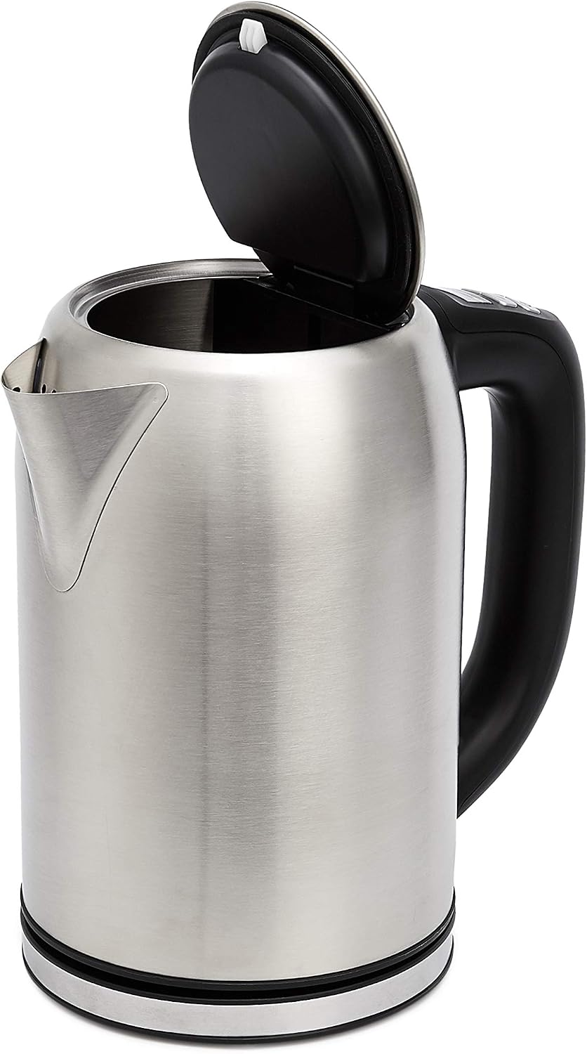 Detalle de Amazon Basics Edelstahlwasserkocher mit Digitalanzeige, Strix-Controller und Warmhaltefunktion – 1,7 l