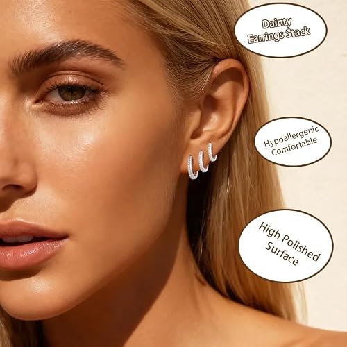Detalle de Aretas Sterling Silver Hoop Earrings Set – 3 Pairs (12/14/16mm) Hypoallergenic with Cubic Zirconia