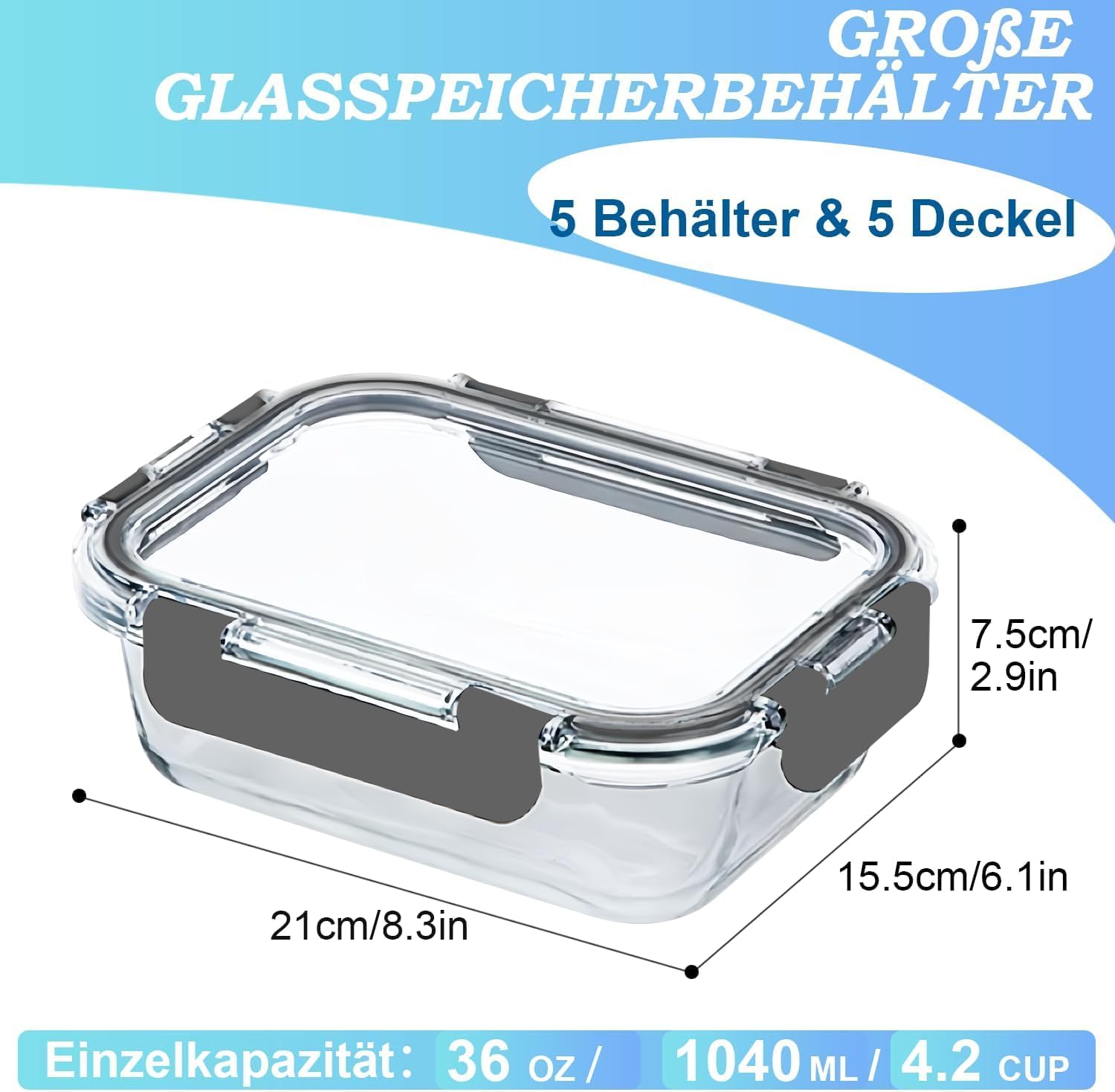 Thumbnail 4 de KUMD Vorratsdosen aus Borosilikatglas im 5er-Set (10-teilig) mit Deckeln, 1.040 ml – für Mikrowelle, Ofen & Meal Prep