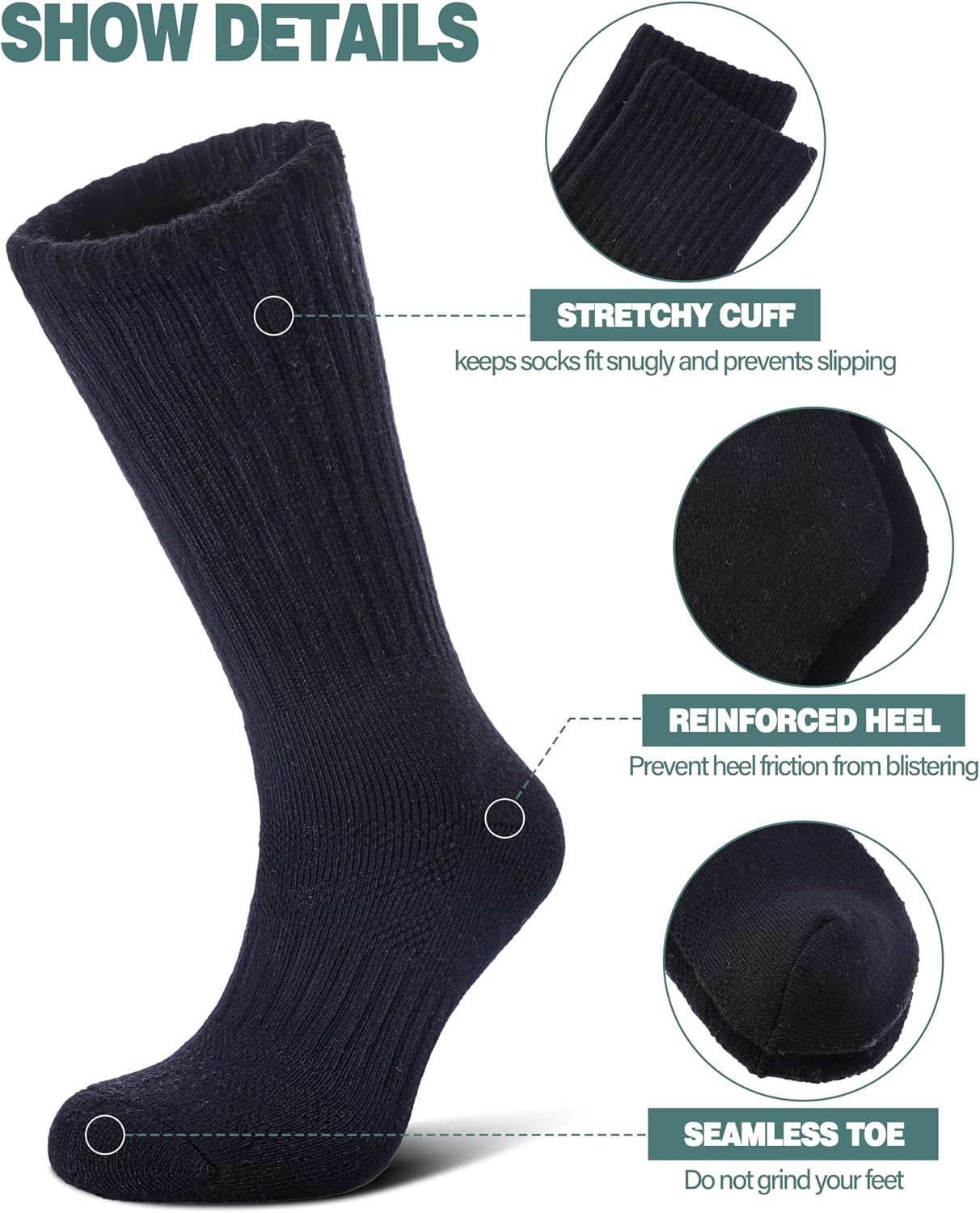 Thumbnail 4 de LANLEO Merino Wool Hiking Socks, 5-Pair Cushioned Moisture-Wicking Crew Socks