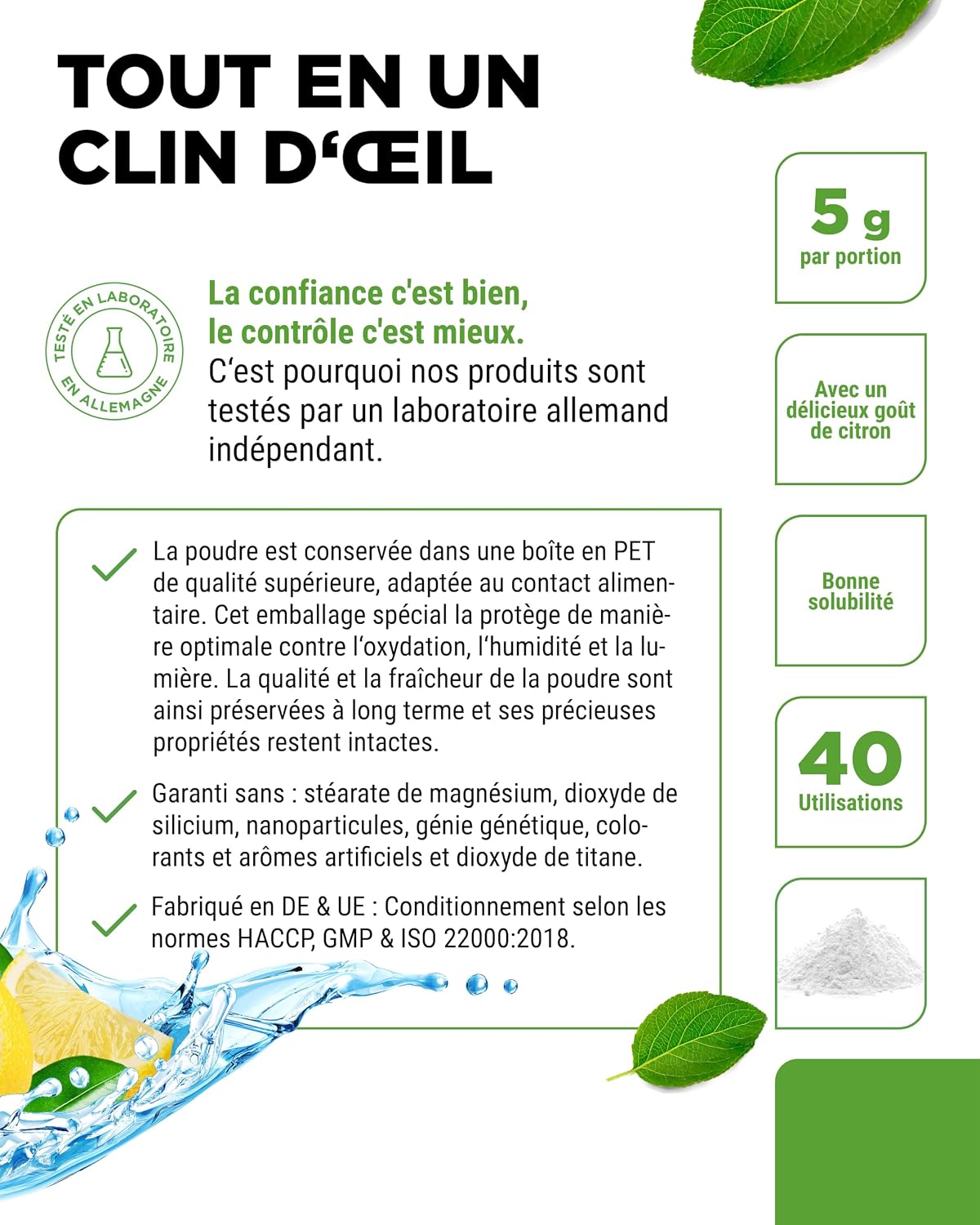 Detalle de Electrolytes 200 g (40 portions) – Hydratation sans sucre au citron, chlorure/potassium/sodium/calcium/magnésium