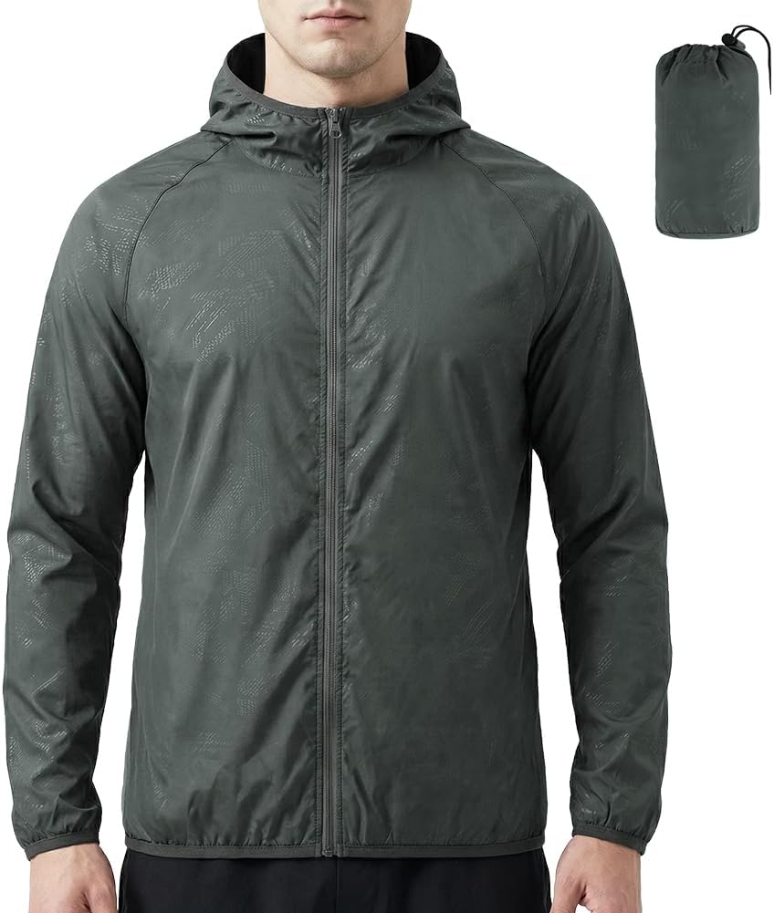 Detalle de BSBUY Regenjacke Faltbar Wasserdichte, Sonnenschutzmantel – Leichte Allwetter-Jacke für Outdoor, Grau, M-XL