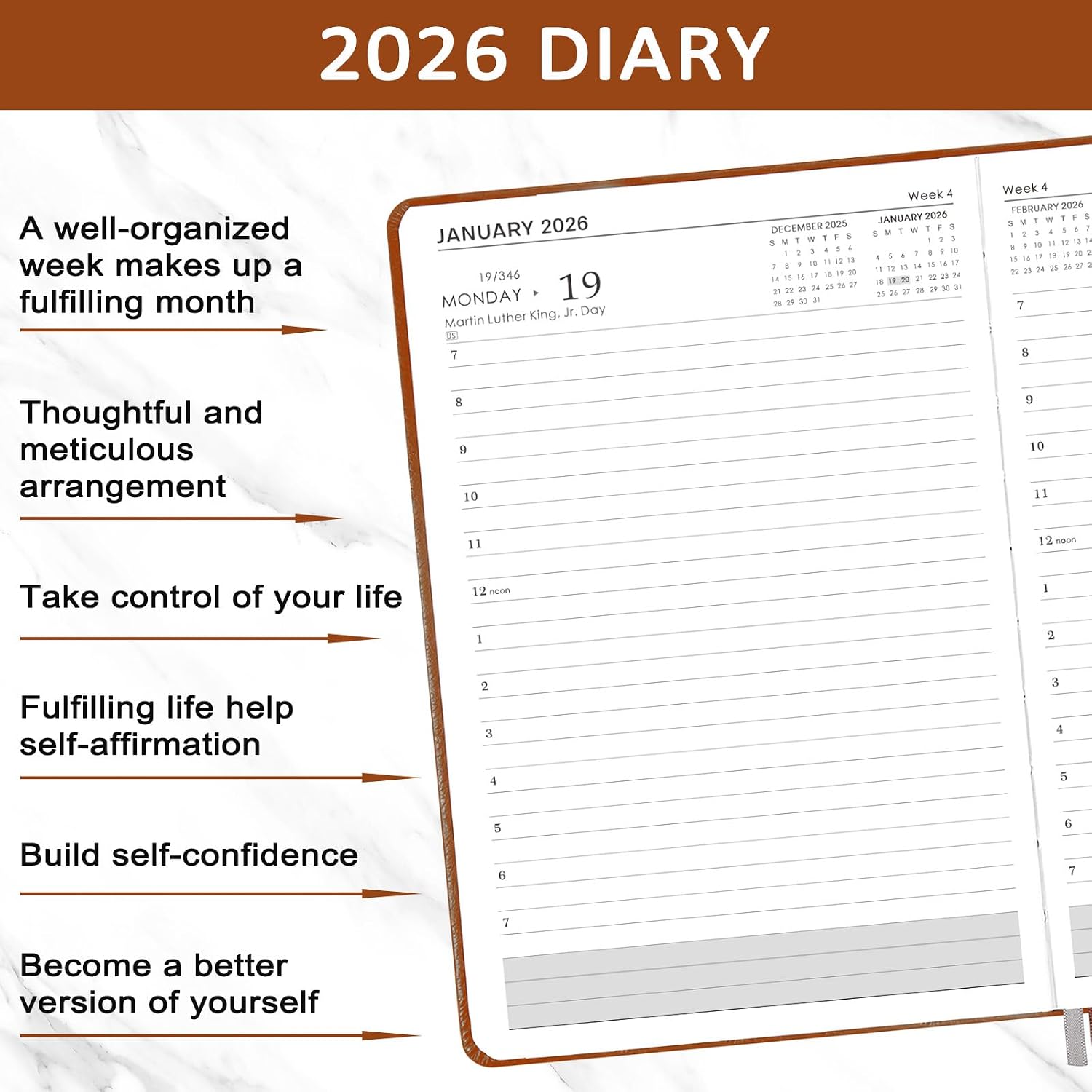 Detalle 2 de Diary 2026 A5 day‑per‑page planner, 14.8×21.4cm 📔
