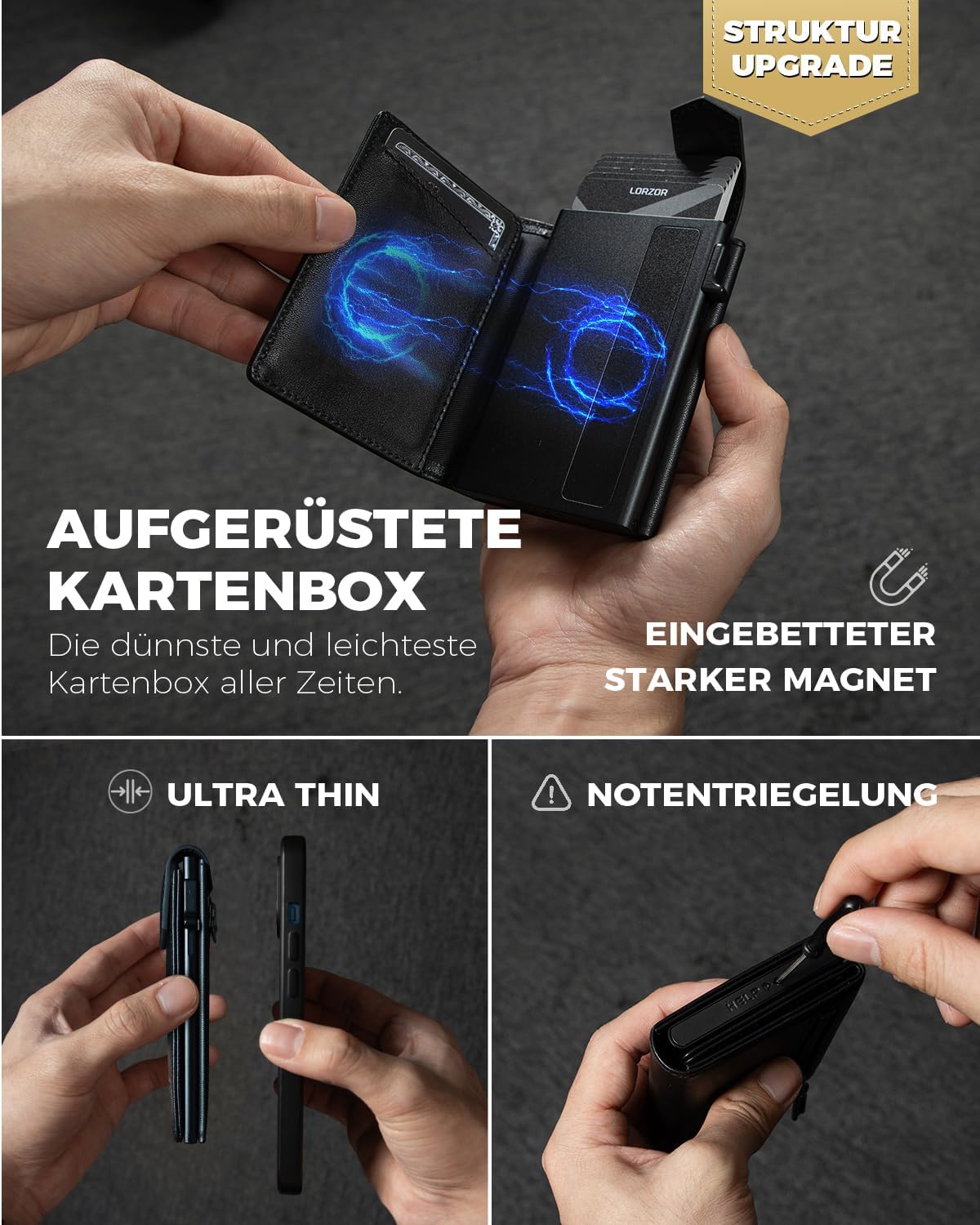 Thumbnail 2 de LORZOR Design für AirTag Wallet – schlanke Herren-Slim-Wallet aus Leder mit Münzfach, RFID-Blocker & Platz für 10 Karten (schwarz)