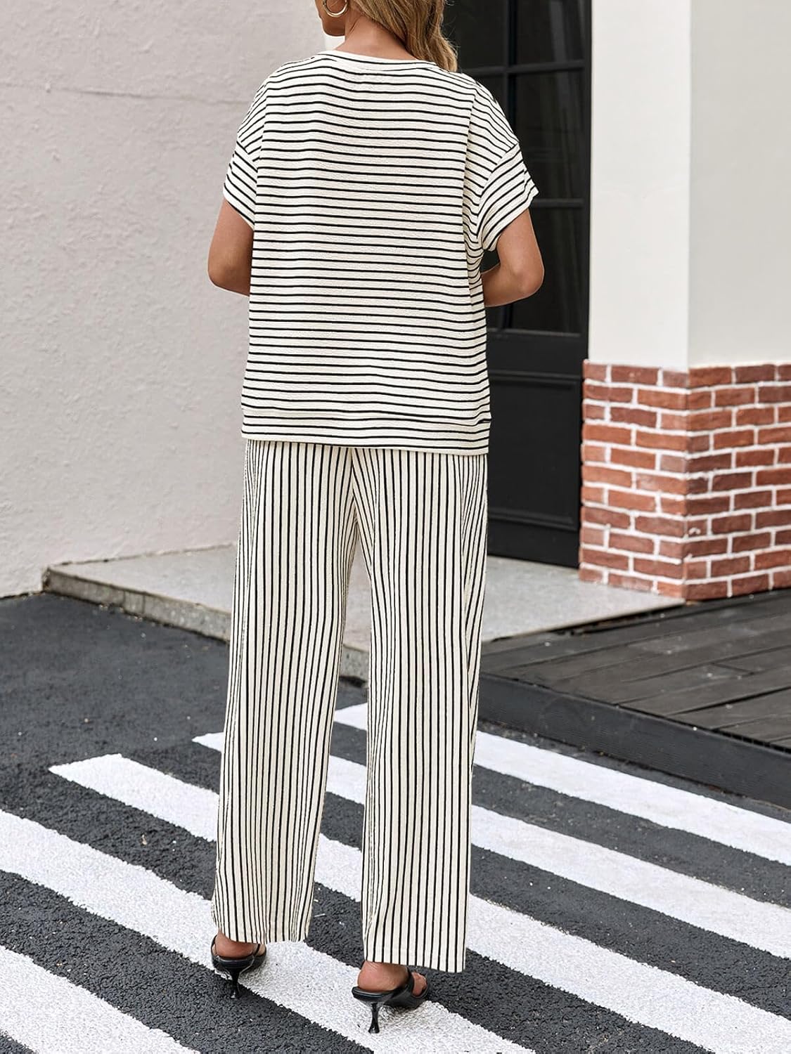 Thumbnail 4 de Tankaneo Womens Striped 2 Piece Sets: Short Sleeve T Shirts & Wide Leg Pants Lounge Set with Pockets