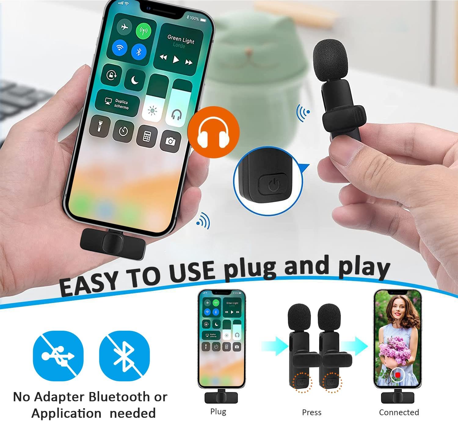 Detalle 1 de MAYBESTA WM350 Wireless Lavalier Microphone for Lightning iPhones, Two Mics