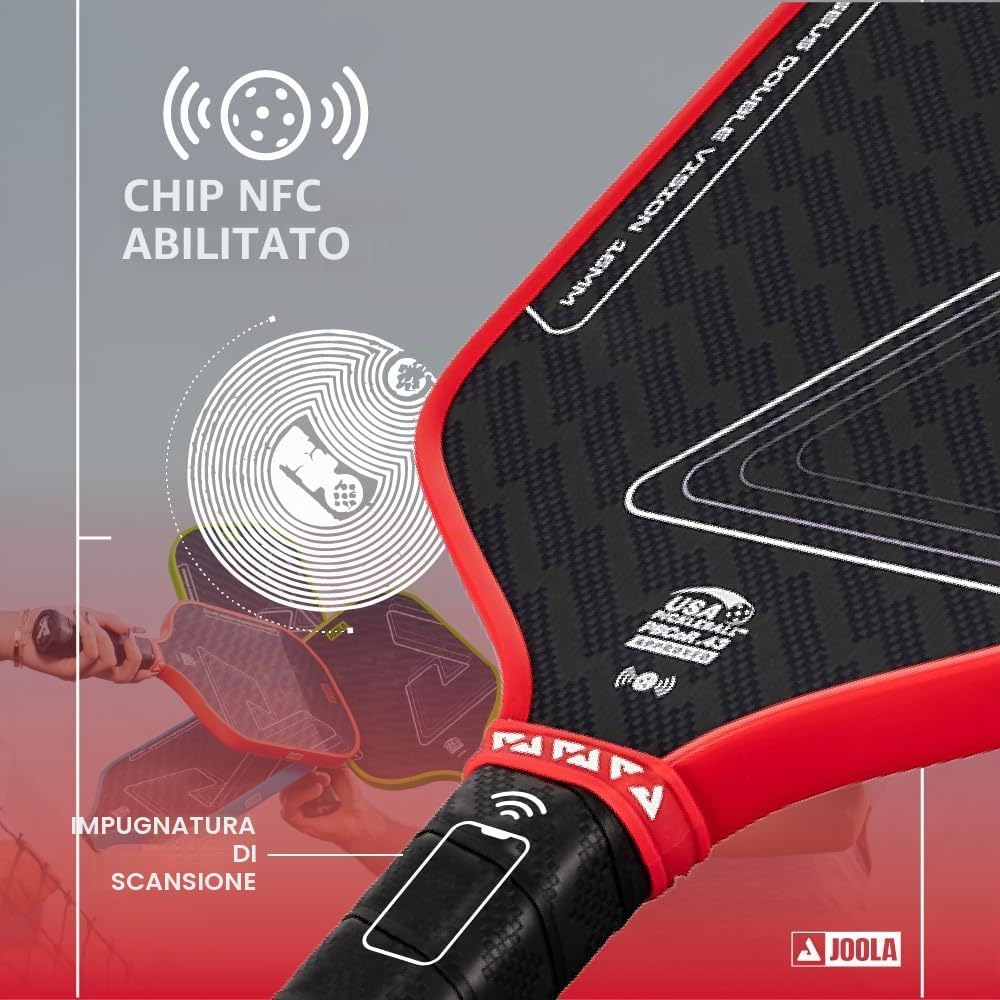 Detalle de JOOLA Vision/Double Vision: pagaia da pickleball con superficie Aramid e pellicola SK per vibrazioni, approvata USAP