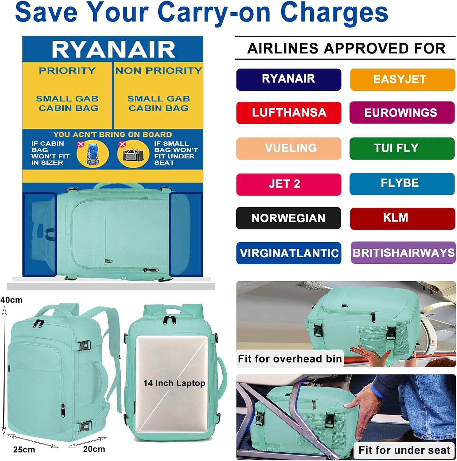 Detalle de ENZOSUM Bagages Cabine 40x20x25, Sac à Dos de Voyage Vert pour Ryanair et 14'' Laptop