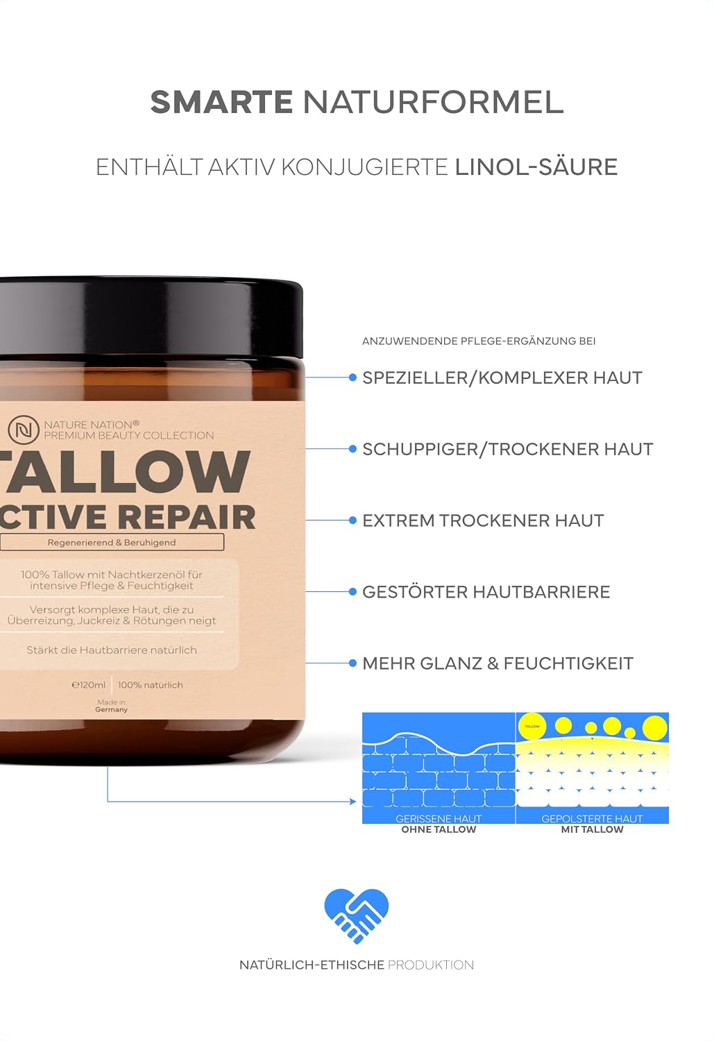 Detalle de Tallow Rindertalg Intensiv Creme bei Neurodermitis, Ekzemen, Psoriasis & Rosacea – Natürliche Akutpflege (1 x 120ml, Nachtkerzenöl)