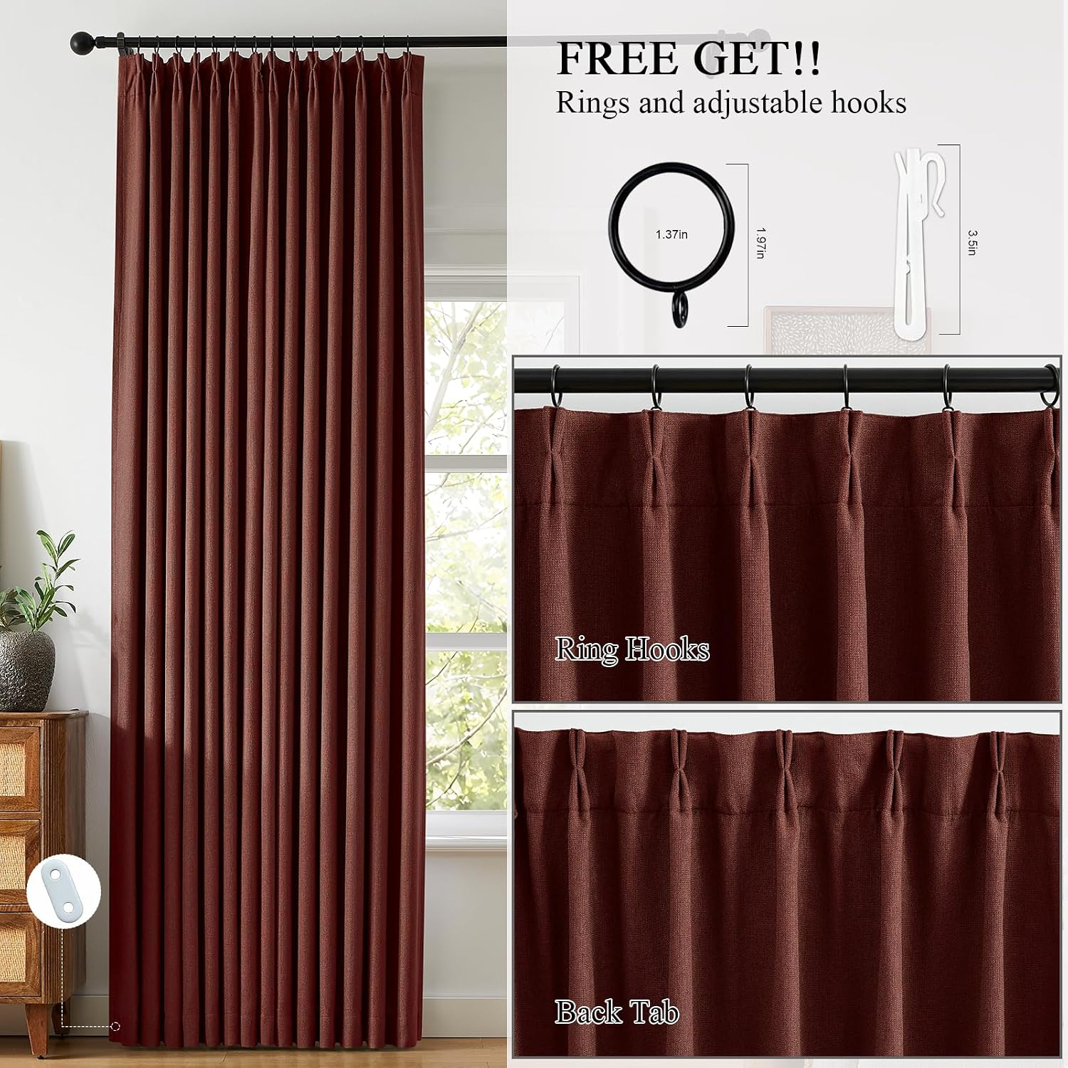 Detalle 1 de Lirien Linen curtain 96-Inch Blackout Curtains, Chestnut Brown, Pinch Pleat