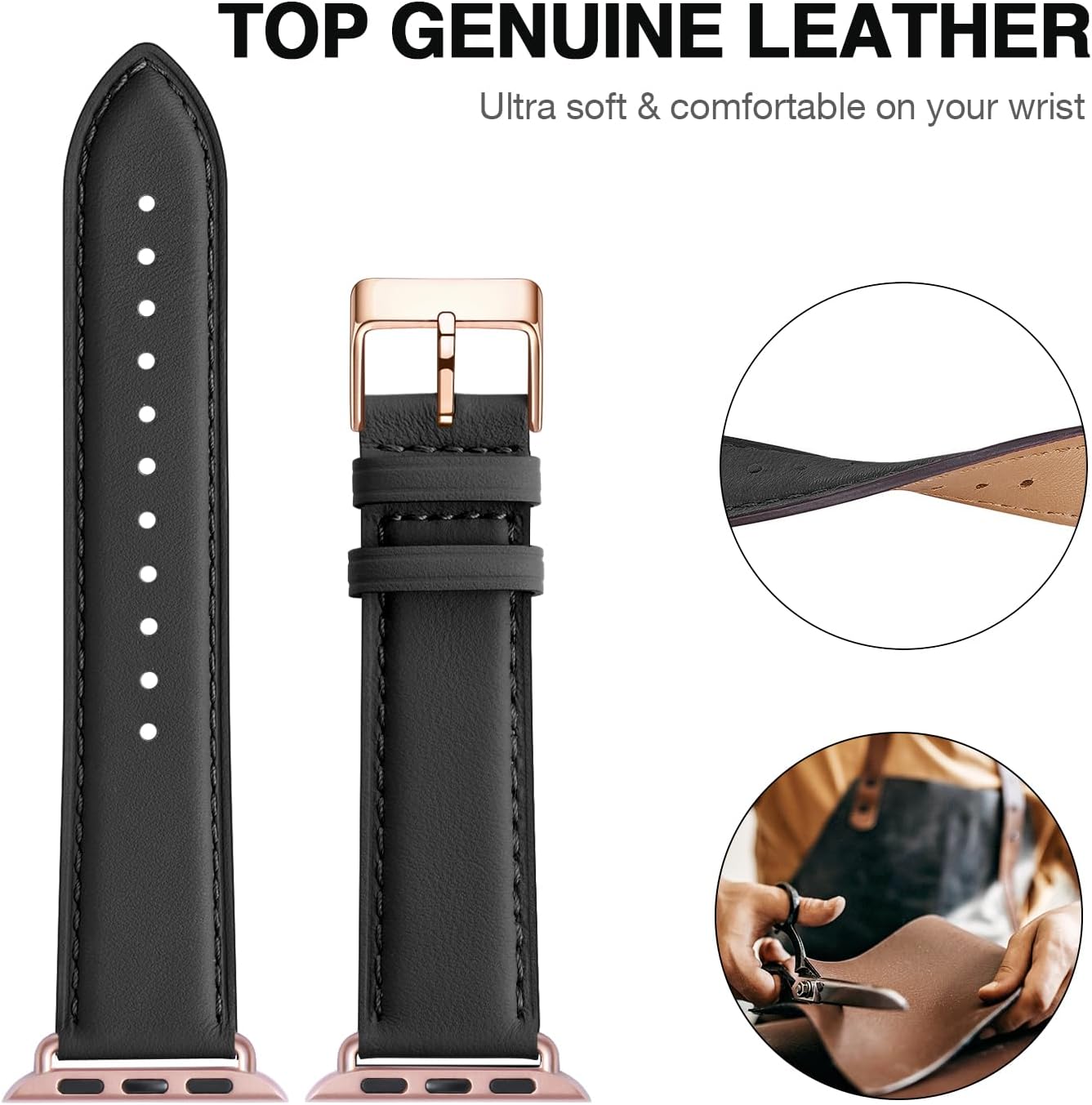 Detalle de SUNFWR Leather Strap for Apple Watch 42–49mm with Rose Gold Connector