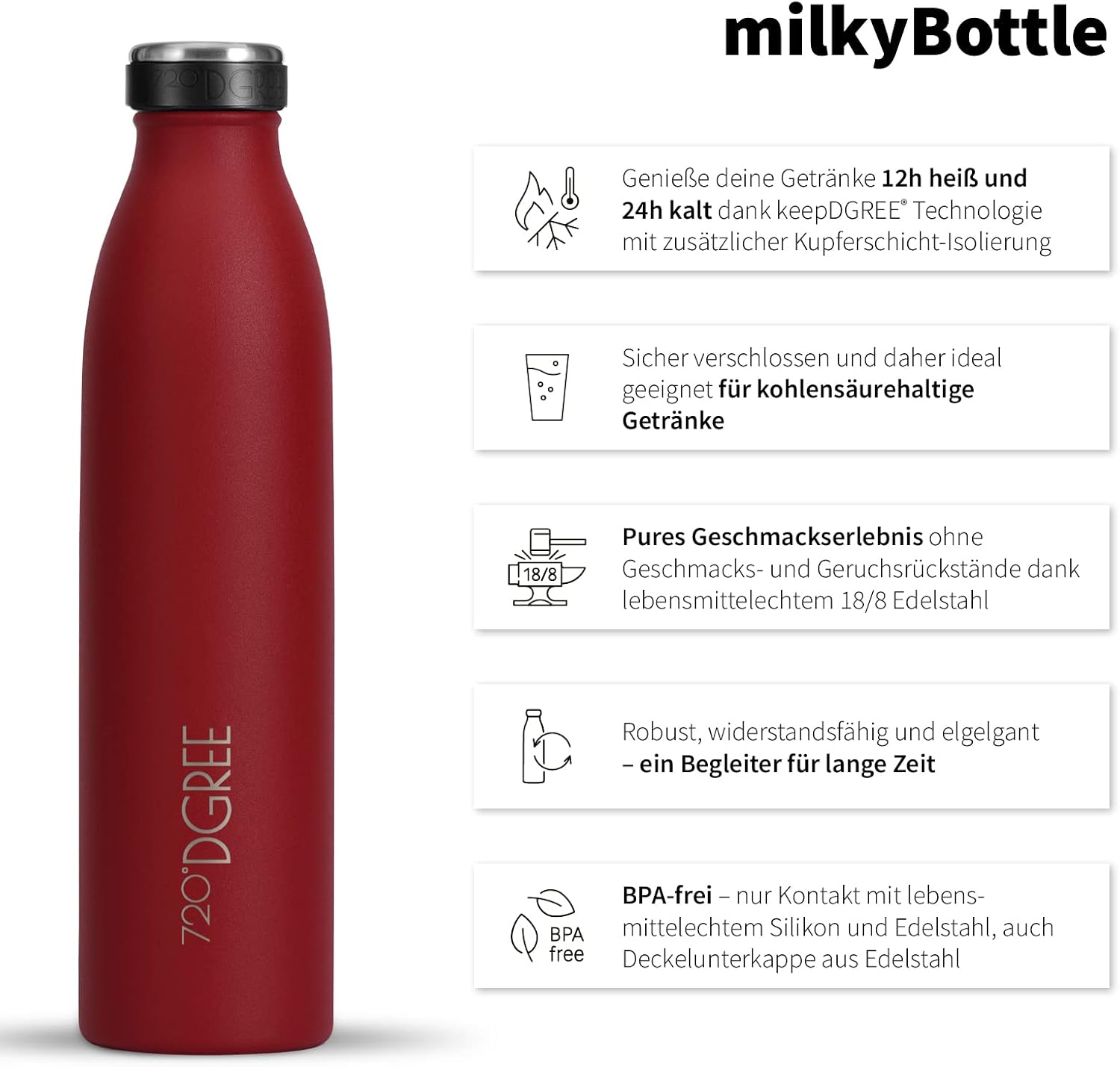 Detalle de 720°DGREE milkyBottle Edelstahl-Trinkflasche (500 ml) – doppelwandig, auslaufsicher & BPA-frei