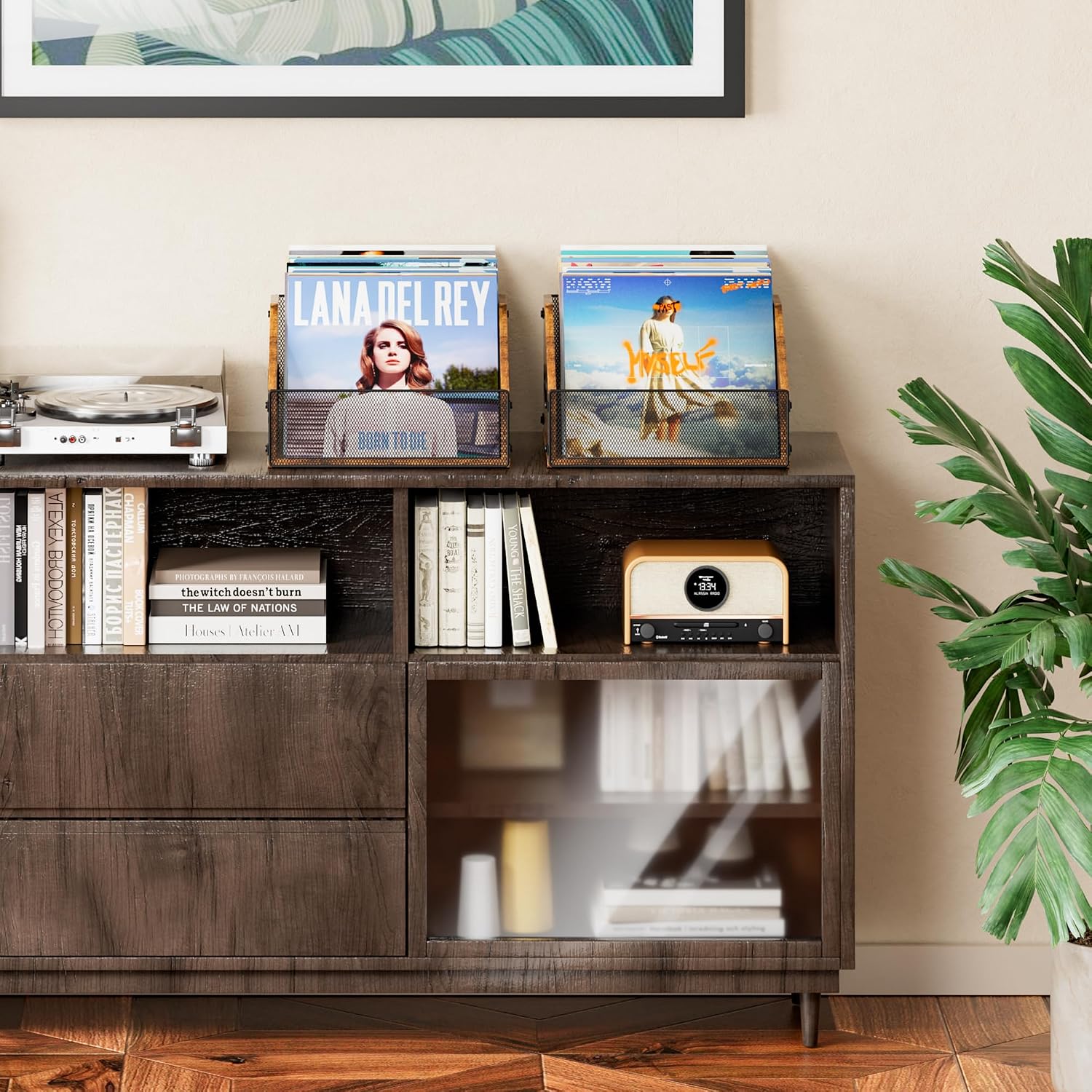 Detalle de Dunatou Vinyl Record Storage Crate, 40-Record Capacity, Rustic Brown & Black