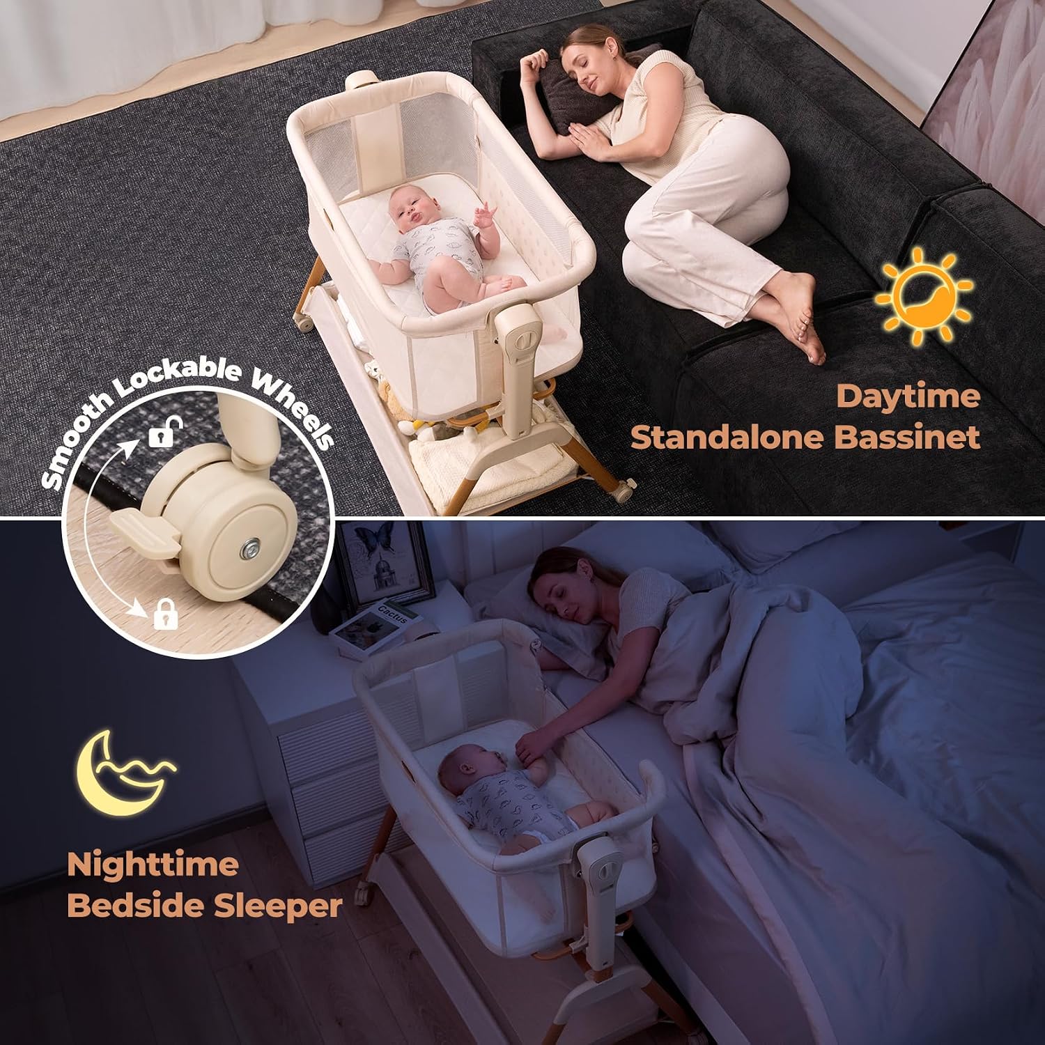 Detalle 2 de Ezebaby OD-B19 3-in-1 Bedside Bassinet with Mesh Sides and Lockable Wheels