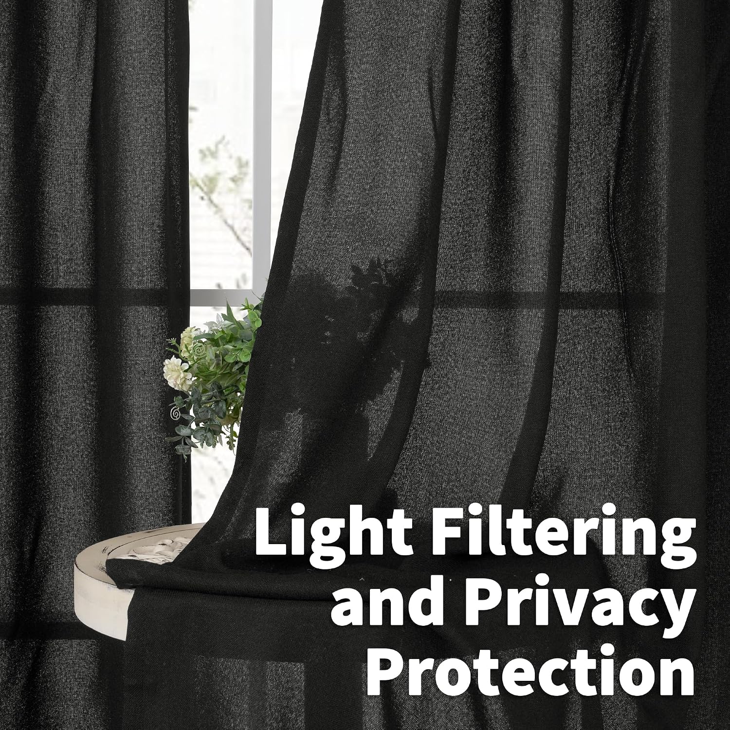 Detalle 2 de YoungsTex Black Linen-Look Curtains, 84-Inch, Light-Filtering, Bronze Grommets