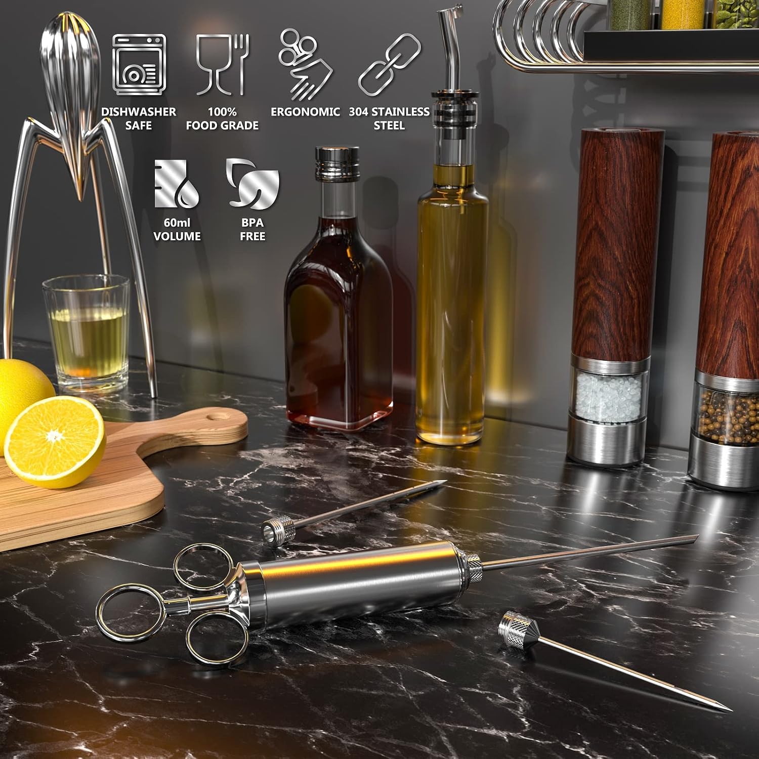 Thumbnail 6 de Nifogo Siringa da cucina in acciaio inox con iniettore di condimento, spintore a tre anelli e 3 aghi