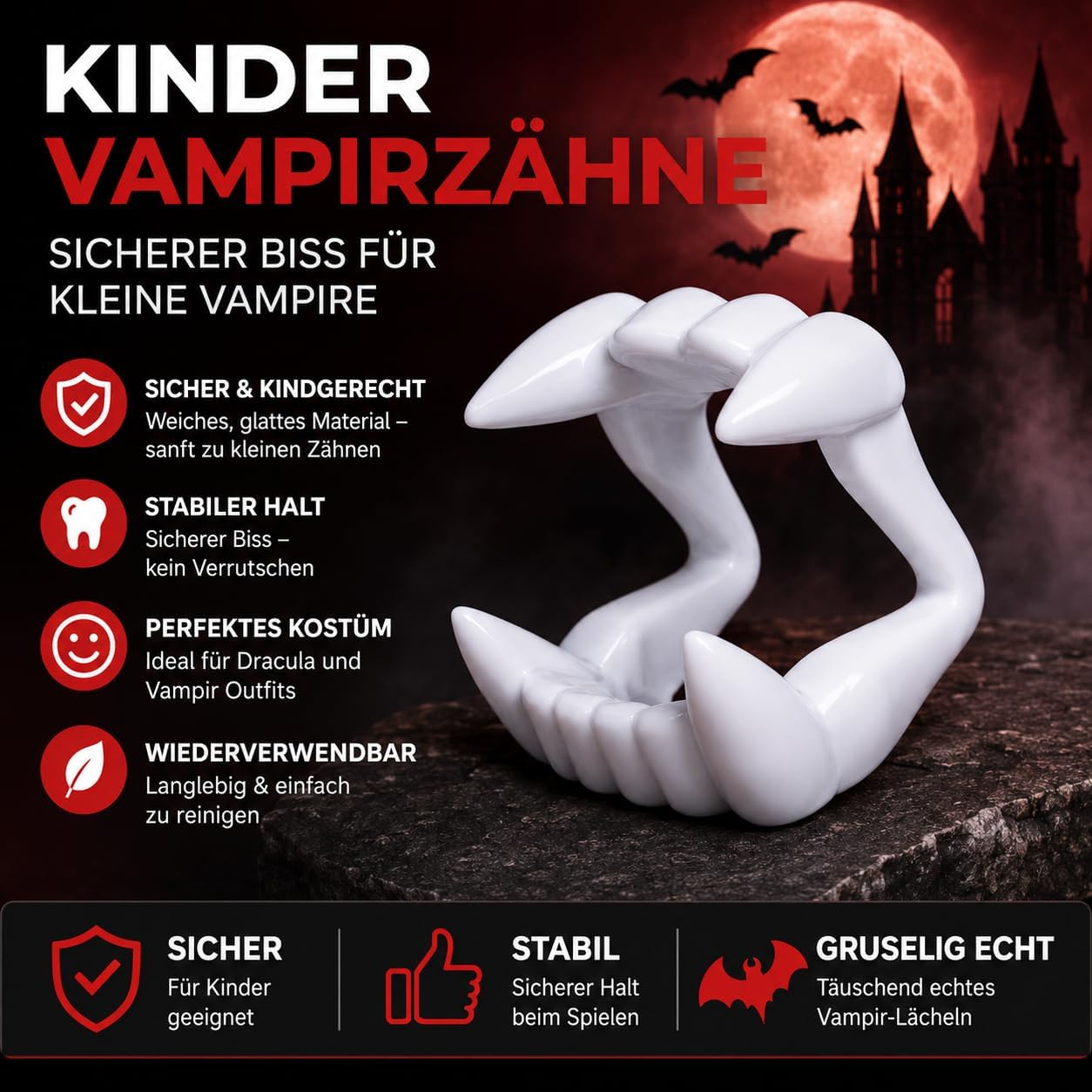 Detalle de FV-001 vampyrtänder för barn med tydliga huggtänder