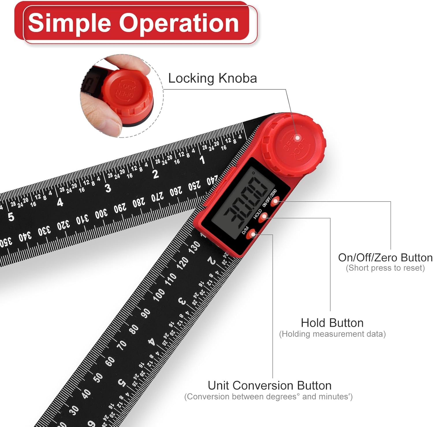 Thumbnail 2 de Aweohtle 2-in-1 digitaler Winkelmesser mit LCD, HOLD und Feststellfunktion – Winkel & Länge bis 400 mm