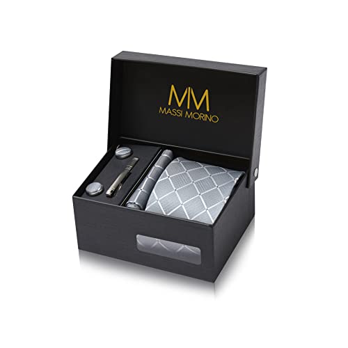 Detalle de Massi Morino Morino Corbata Gris de Cuadros con Pañuelo a Juego y Accesorios – Set 5 en 1 para Hombre