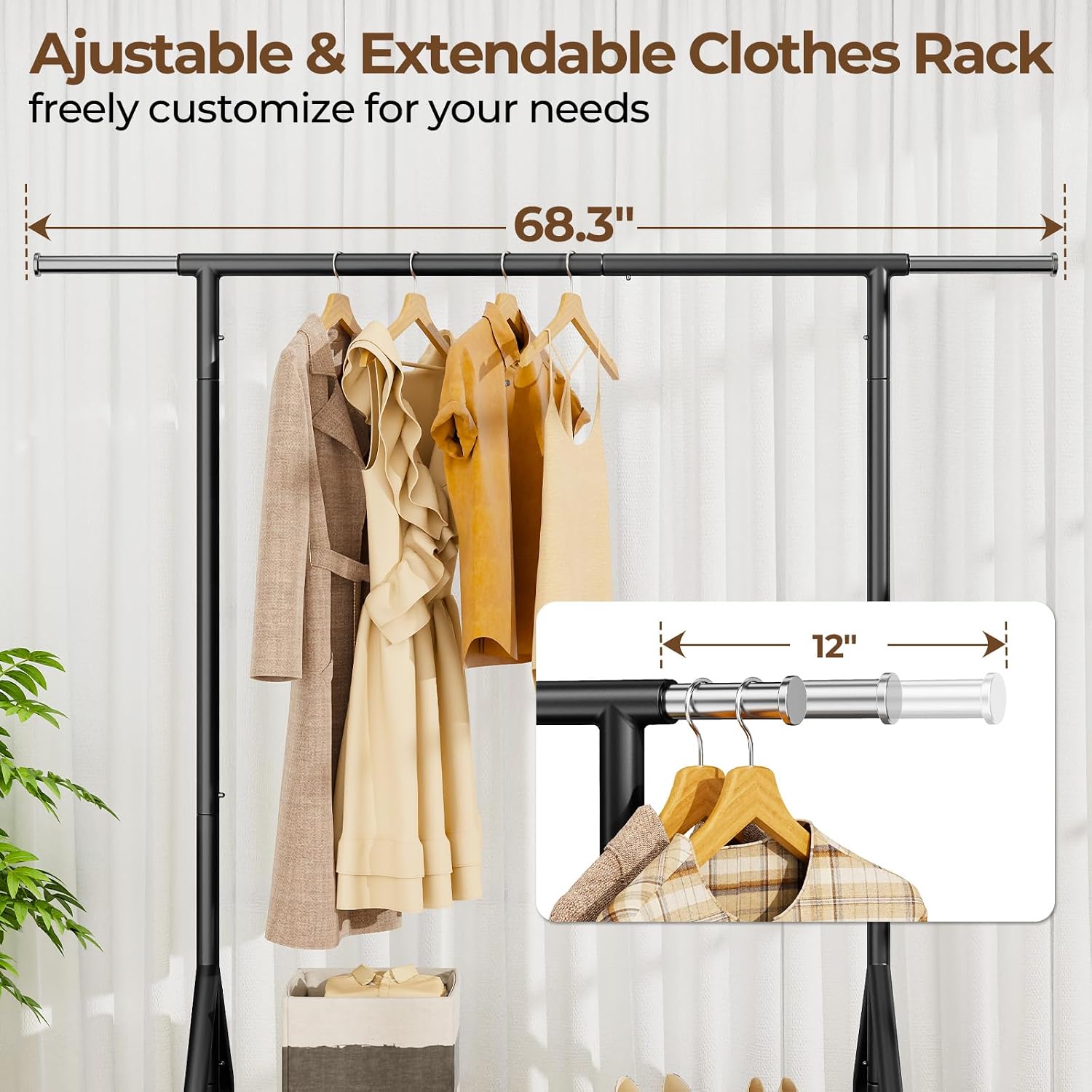Detalle de HYSEYY YS-K 1302B Heavy-Duty Rolling Clothes Rack with Extendable Rail