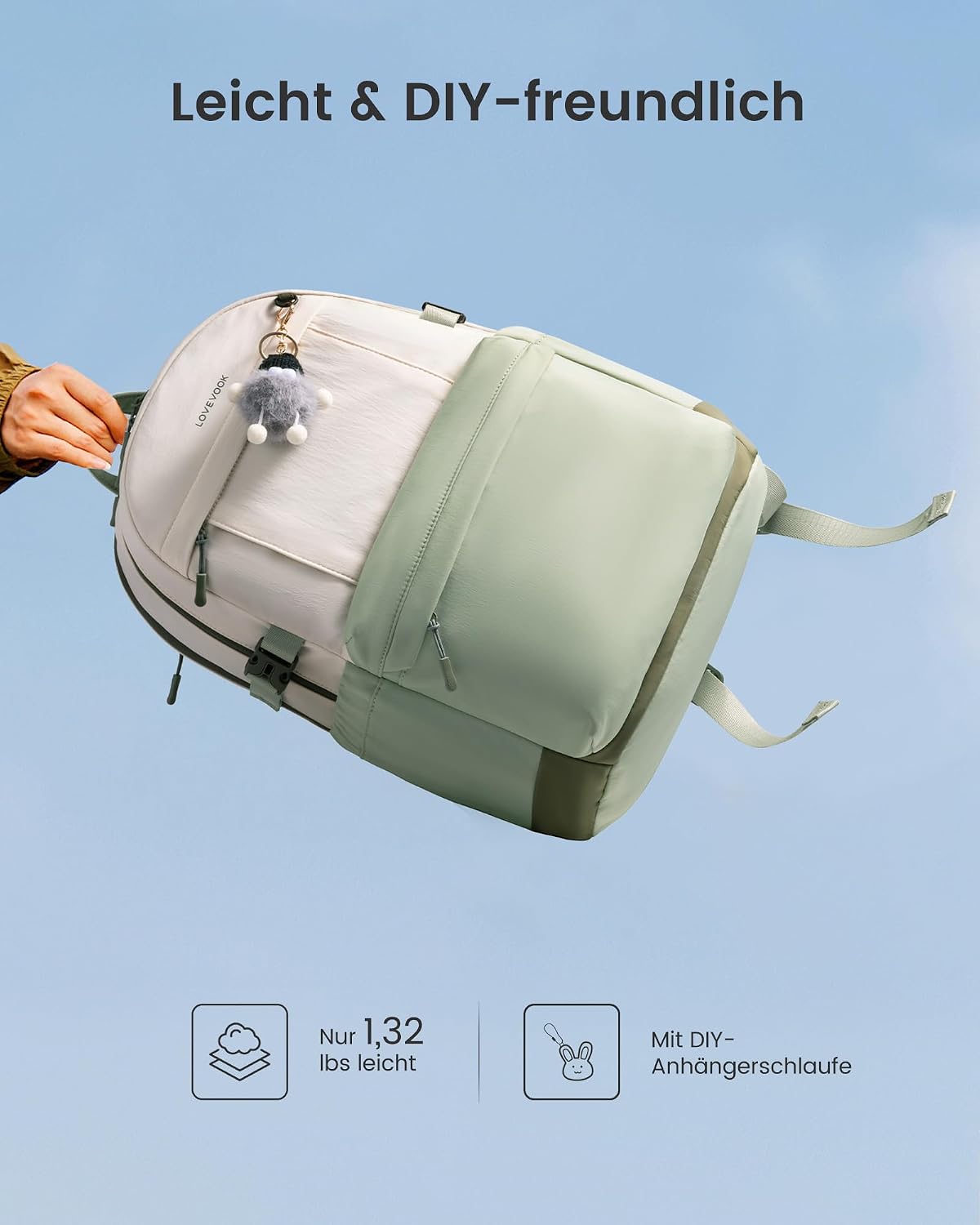 Detalle de LOVEVOOK Rucksack Damen 15,6 Zoll – Laptop-Tagesrucksack mit großzügigem Fach, Wasserflasche, TSA-Komfort und individuellem Stil