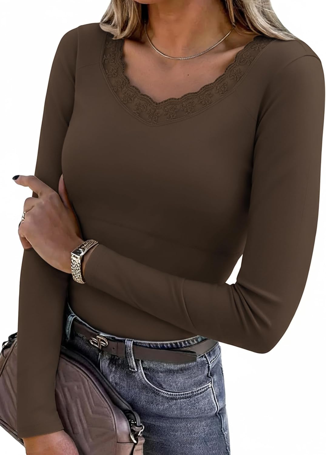 Thumbnail 6 de Bresdk sous-vêtement thermique femme Dentelle Basic Col en V Tee Shirt à Manches Longues