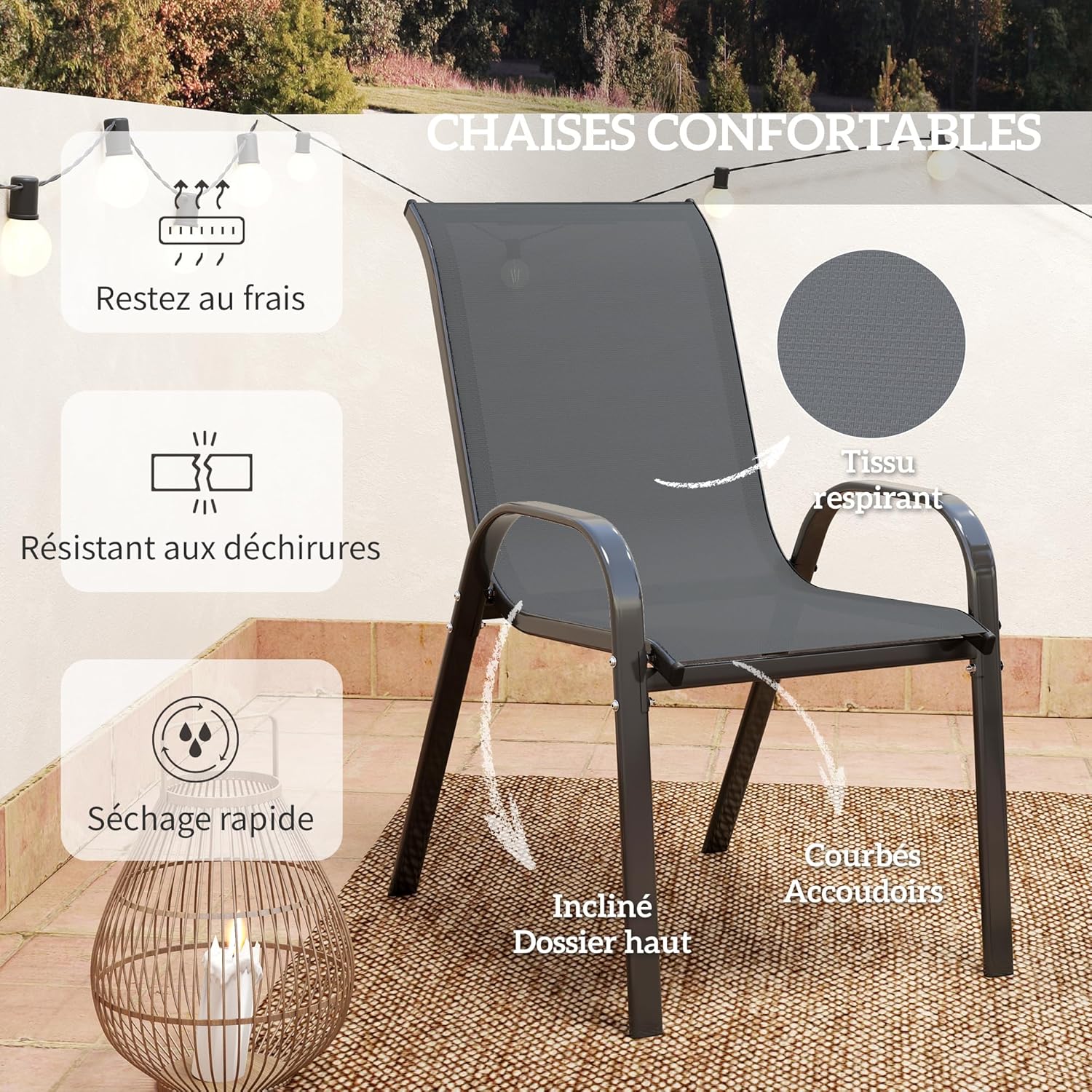 Thumbnail 4 de Outsunny Salon de Jardin Extérieur 3 Pièces — 2 Fauteuils Empilables + Table Basse en Verre Trempé, Gris Foncé