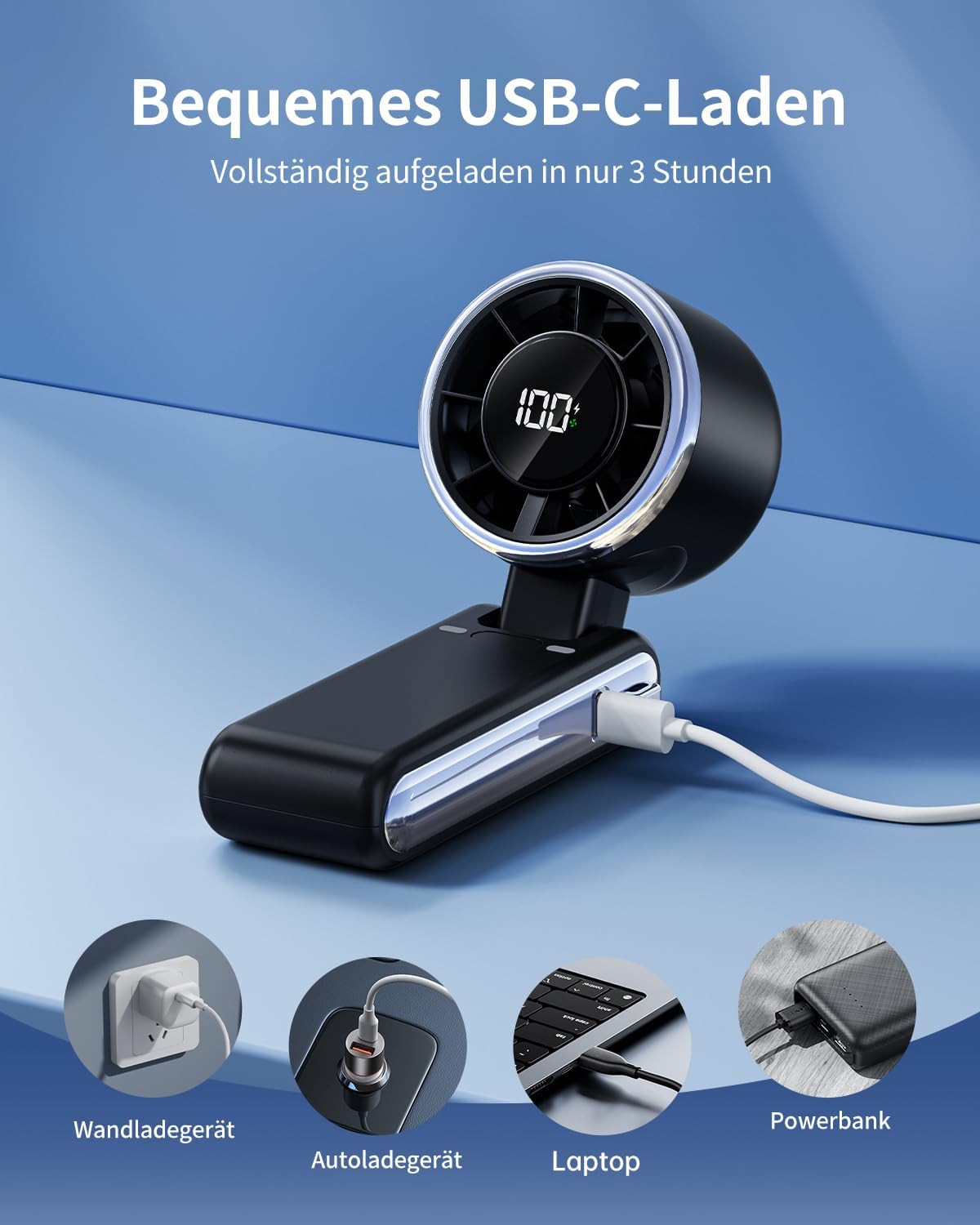Thumbnail 5 de SWEETFULL Tragbarer Mini Handventilator – 3-in-1, 9 m/s, 5 Stufen, USB-C, bis zu 12 Stunden Akku (Schwarz)