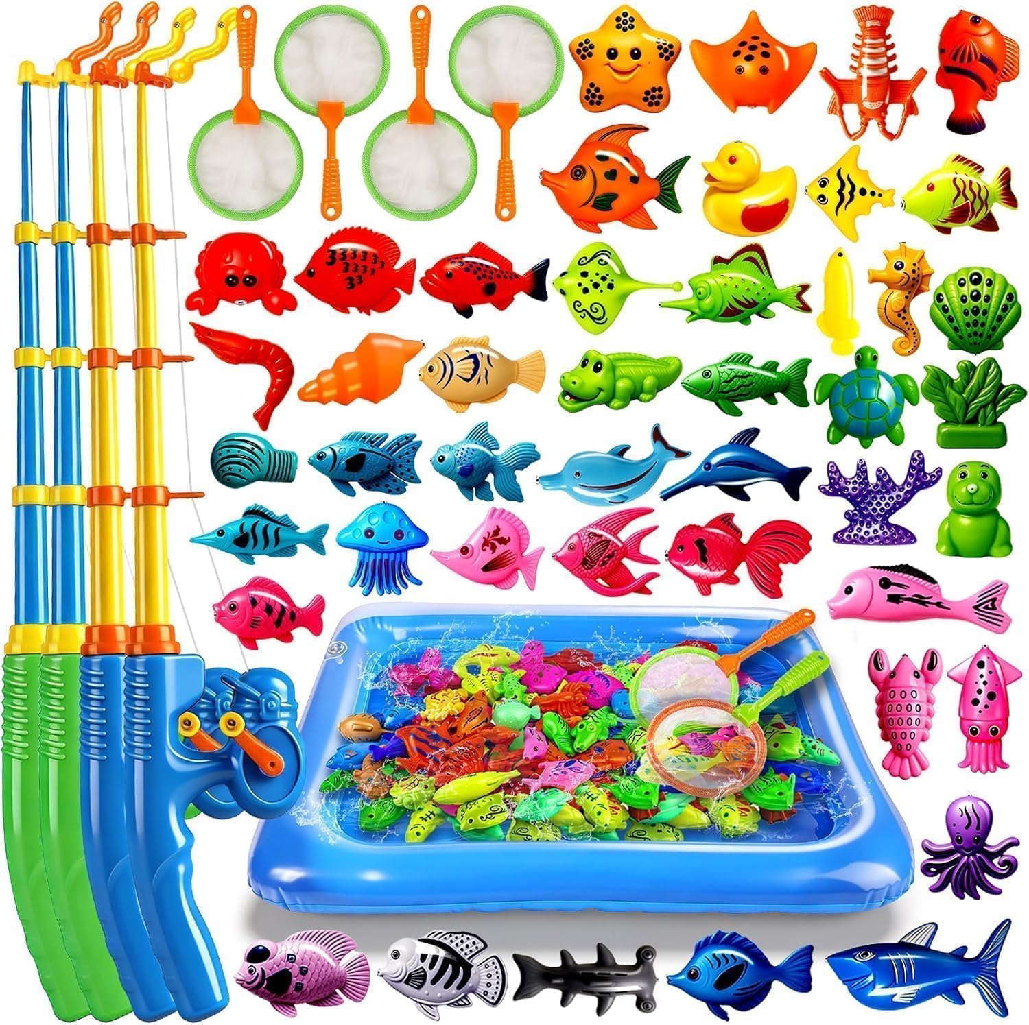 Detalle de XXXL Angelspiel Set 56 Pcs. mit 4 Angelruten & Planschbecken – Komplettes Strand-, Garten- & Badevergnügen