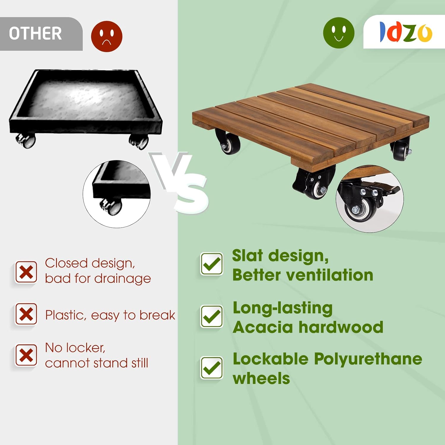 Detalle de IDZO 14-Inch Acacia Wood Plant Caddy, 2-Pack with Lockable 360° Wheels