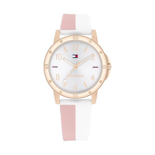Detalle de Tommy Hilfiger Montre Fille avec Cadran Argenté, Bracelet Silicone Blanc et Rose, Boîtier Or Rose 32 mm