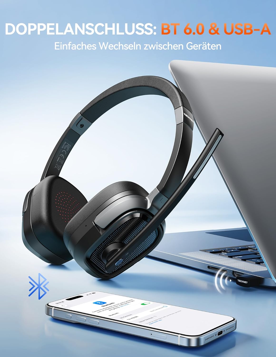 Thumbnail 3 de TECKNET V6.0 Bluetooth Headset mit Mikrofon (ENC), wiederaufladbar, On-Ear, USB-A Empfänger – bis 40 Std. Akku