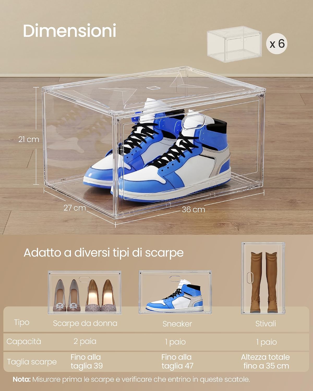 Detalle de SongMics Scatole per Scarpe Impilabili Trasparenti LSP703WH02 – Set da 3