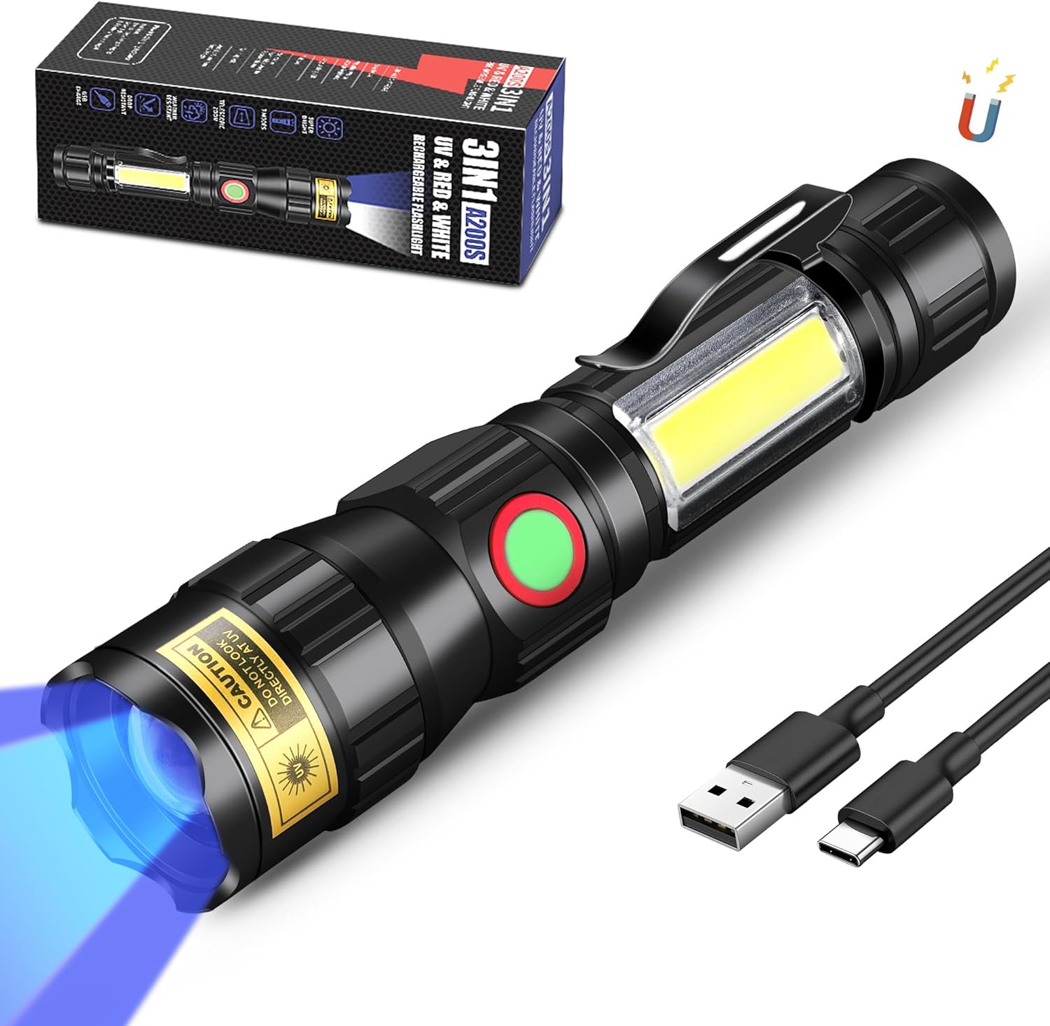 Detalle de DARKBEAM 365nm: torcia 3-in-1 LED/UV ricaricabile con messa a fuoco regolabile e base magnetica