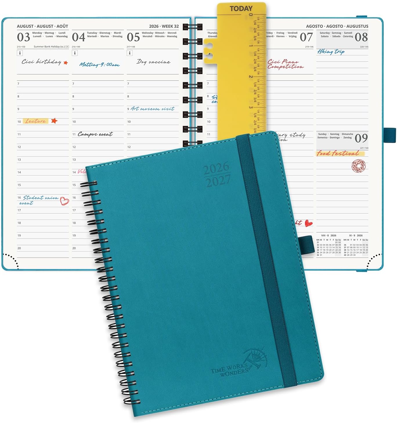 Detalle de POPRUN A5 Academic Diary 2026-2027 Week to View (Pacific Green) - Mid Year Spiral Planner