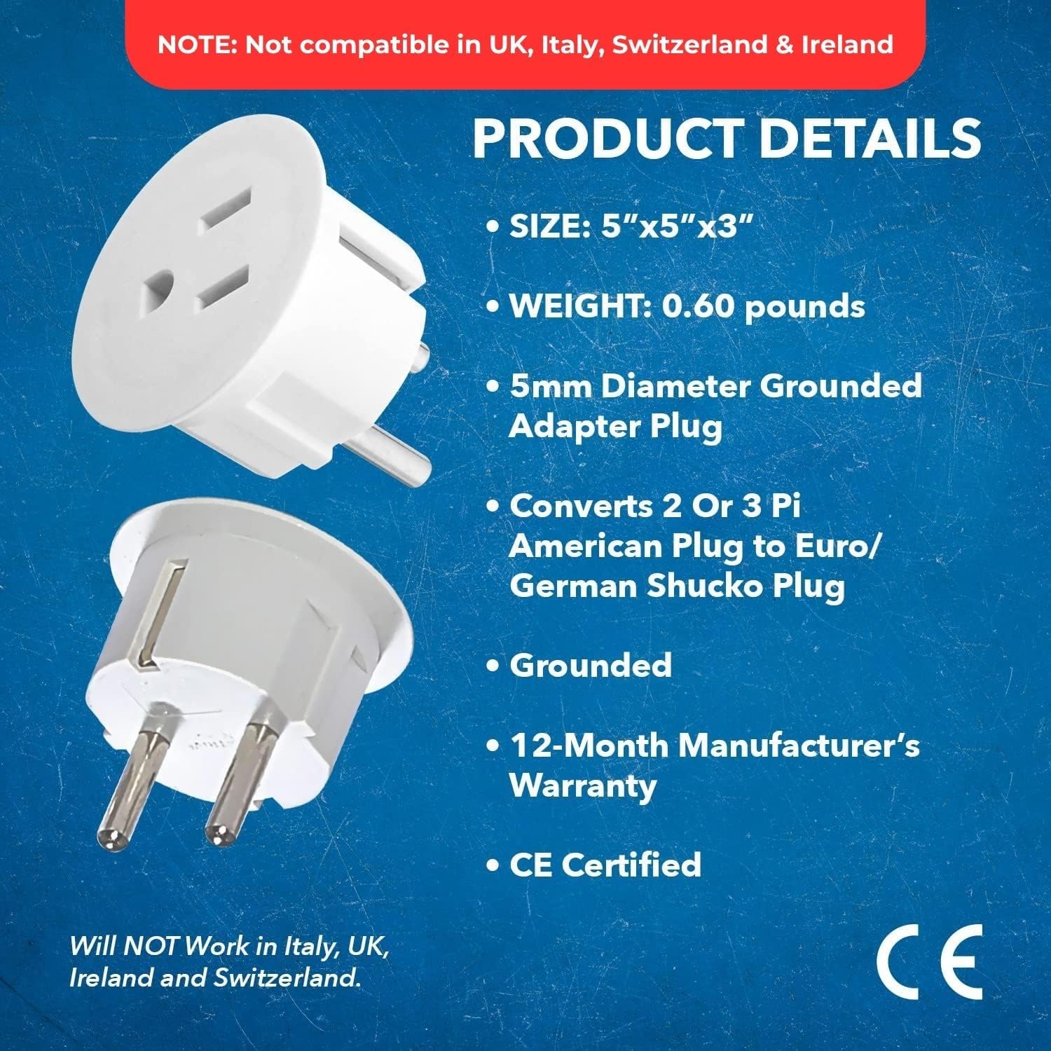 Detalle de OREI USA to Europe Plug Adapter (Type E/F Schuko) — Travel Plug Converter, 6-Pack for Germany & France