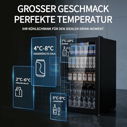 Detalle 2 de Airfish Getränkekühlschrank mit Glasfront 86L – 130 Dosen, verstellbare Regale, flexibel einsetzbar