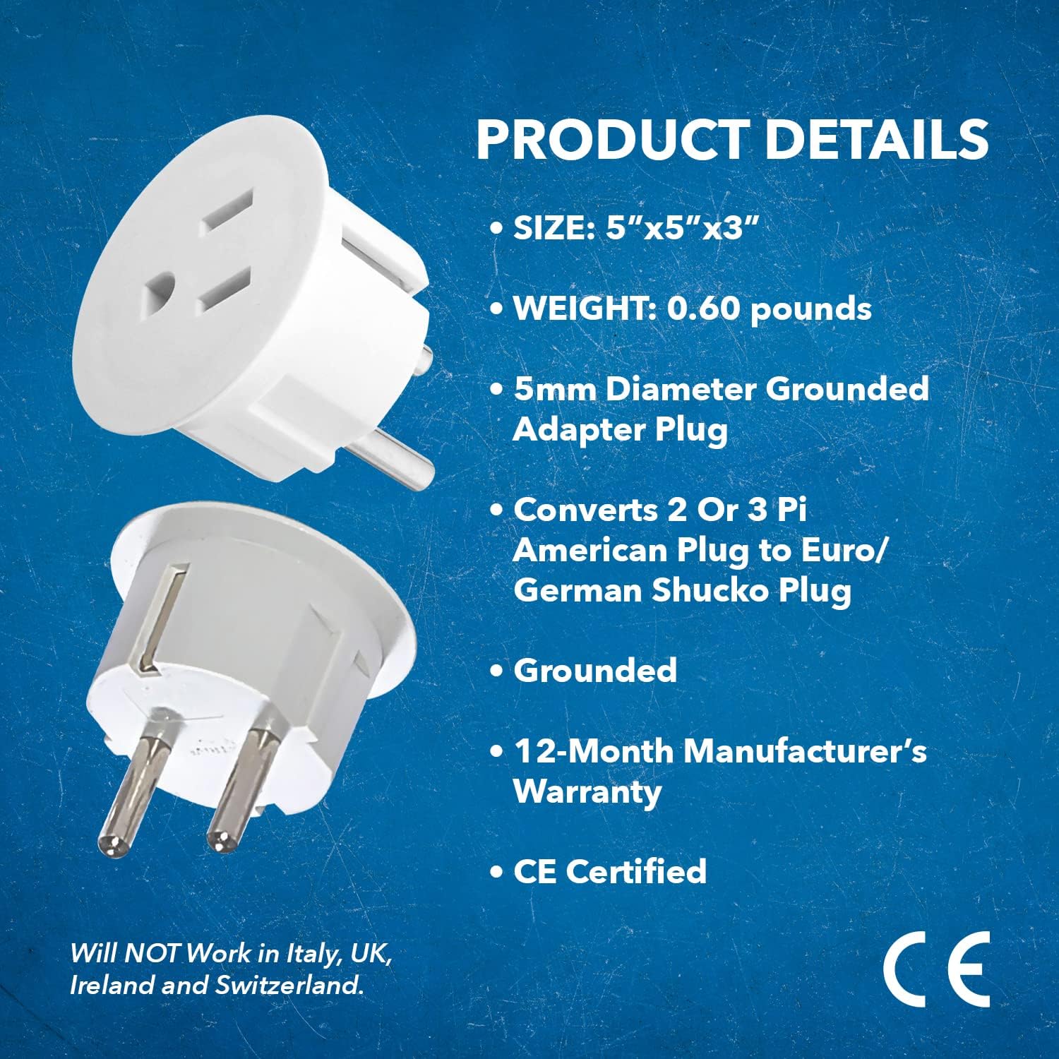 Thumbnail 6 de Orei American USA to European Plug Adapter (Type E/F Schuko) – 12-Pack for Germany & France