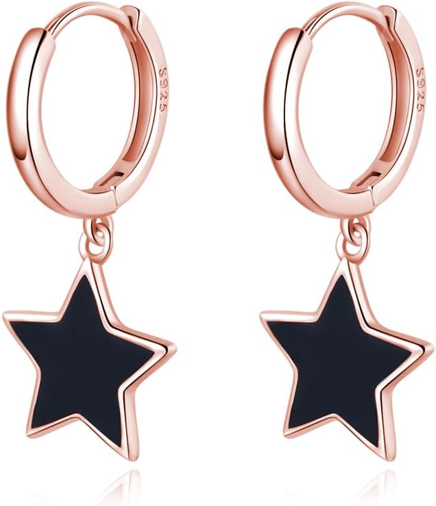 Detalle de SLUYNZ 925 Sterling Silber Schwarz Star Creolen – 1,3 cm, hypoallergen, Geschenkbox