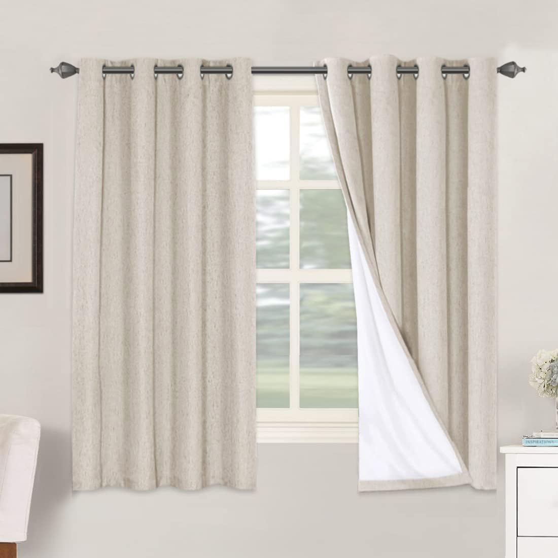 Detalle de H.VERSAILTEX Linen-Look Blackout Curtains, 1.60m Long, 2 Panels (52"W x 63"L Each) with White Lining
